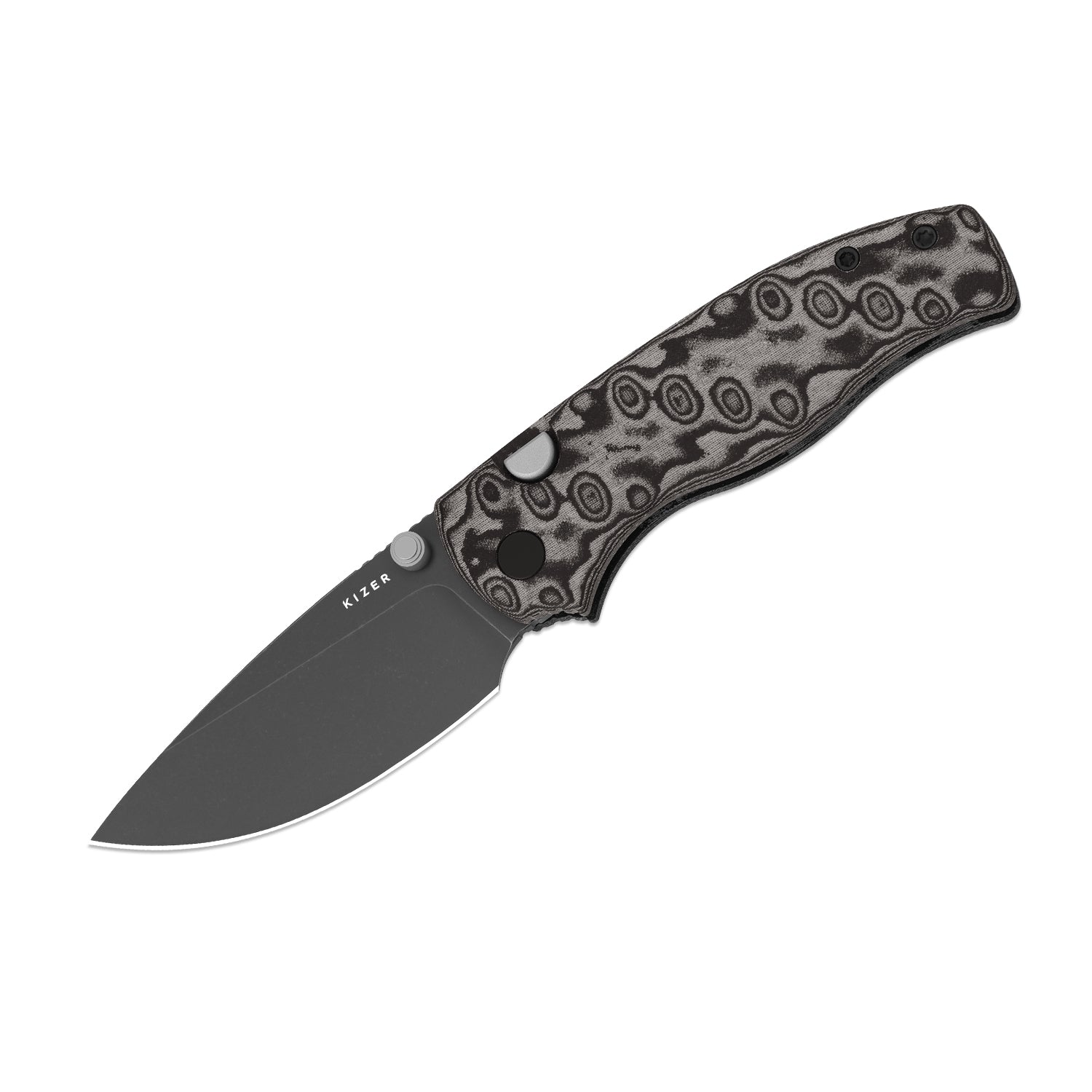 Glaux | Kizer Button Liner Lock™ | Vortex Pattern Micarta | Gray PVD Coating & Stonewashed | KizerV™ 3801A2