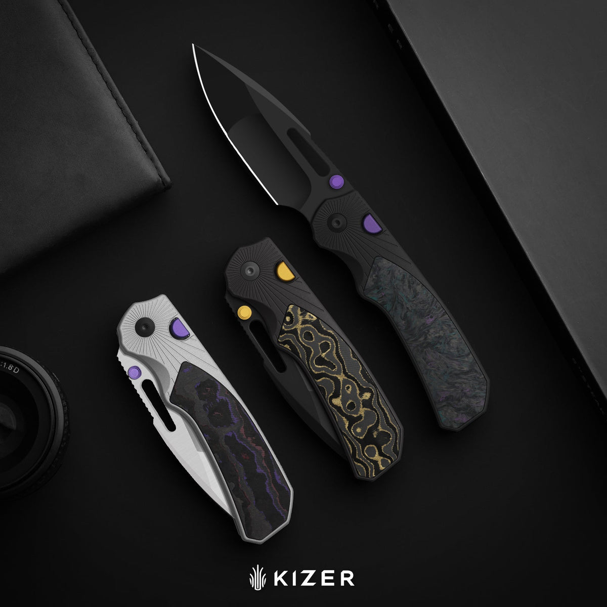 Durandal | Kizer Button Liner Lock™ | Aluminum &  Fatcarbon® Purple Haze  | S35VN + Satin | KizerB™ 3765BD3