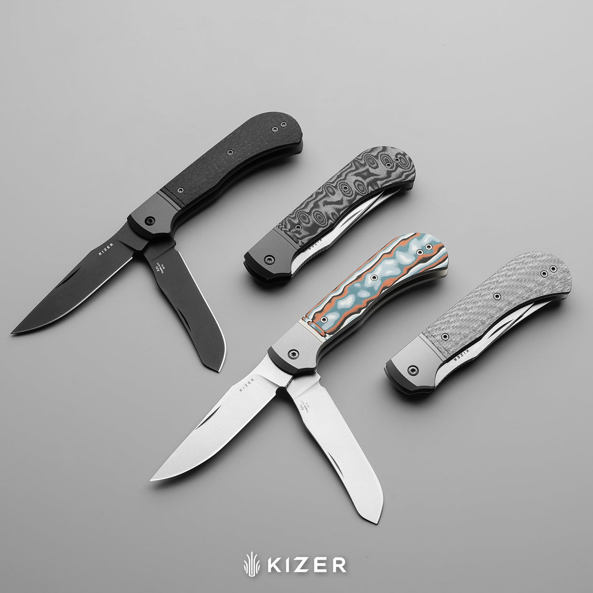 Trestle TP AirTi｜BD1N Dual-Blade Clip Point & Spey Point | KStop™ 105° Half-Stop Trapper | Aluminum & vortex pattern micarta | KizerB™ 3761TPA4