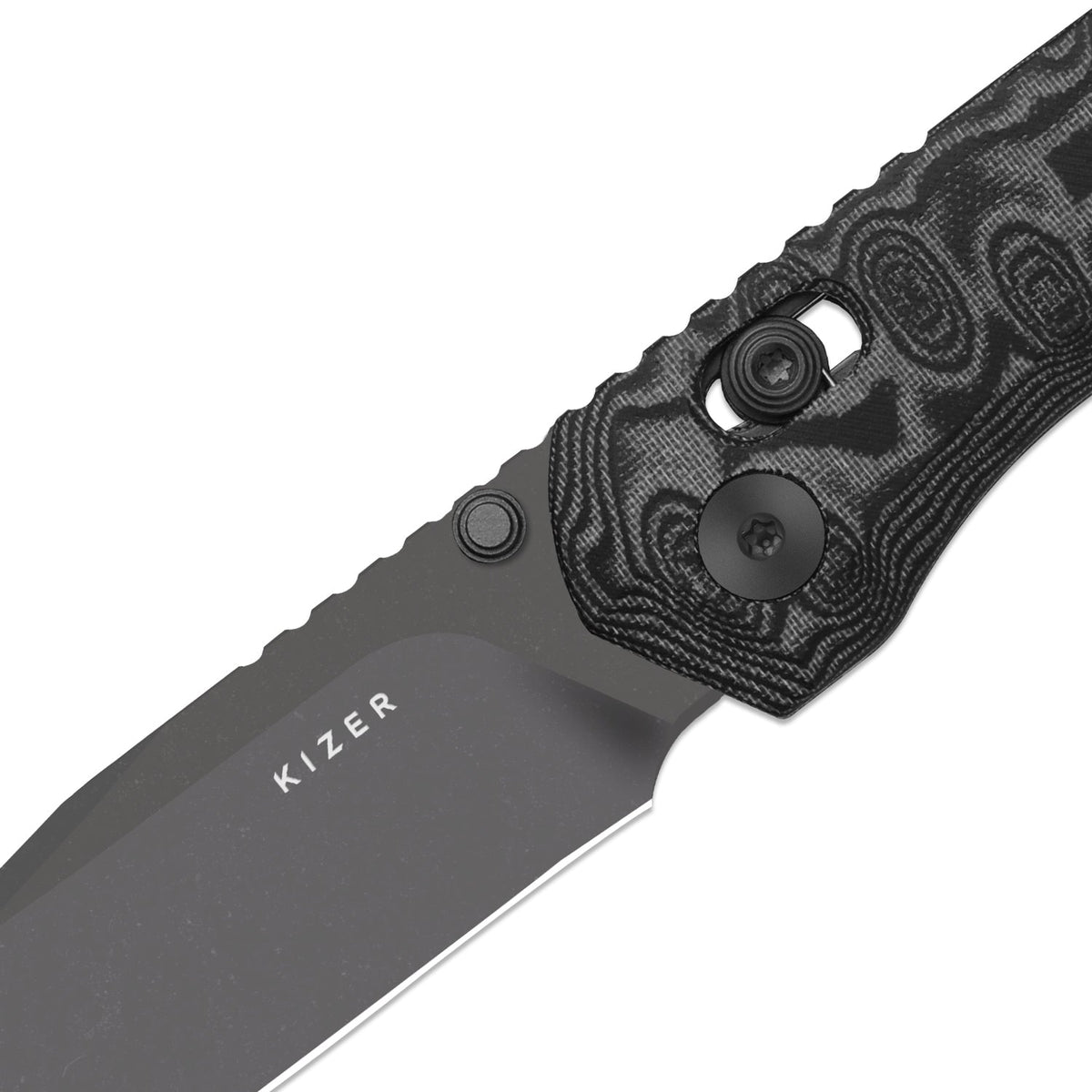 Findo | Clip Point | Kizer Clutch Lock™ | AEB-L + Gray PVD Coating & Stonewashed | vortex pattern micarta | KizerV™ 3743CC3