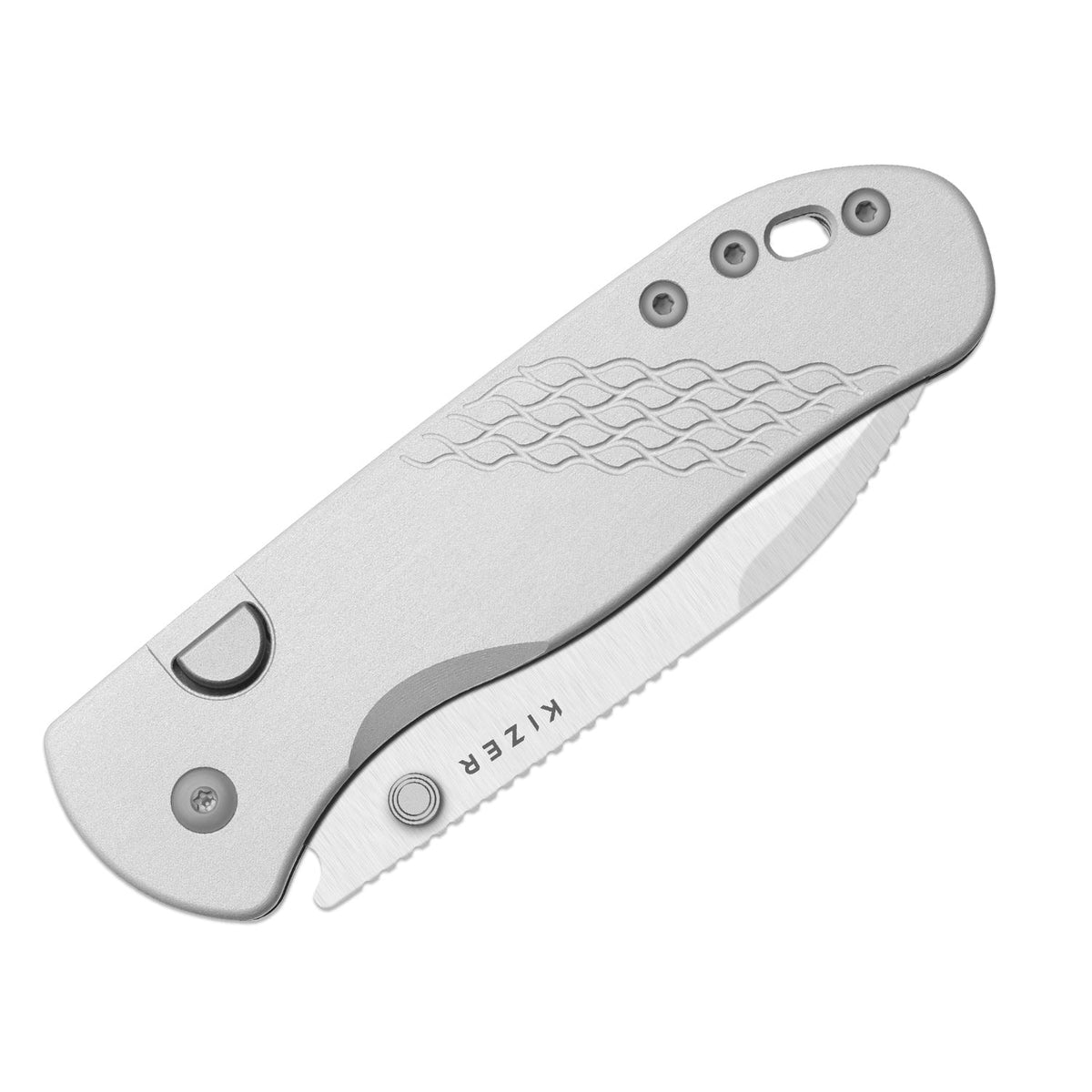 Drop Bear 292 AirTi | Kizer Button Liner Lock™ | M390 + Satin | Silver Milled Aluminum | KizerB™ 3619.292BD4