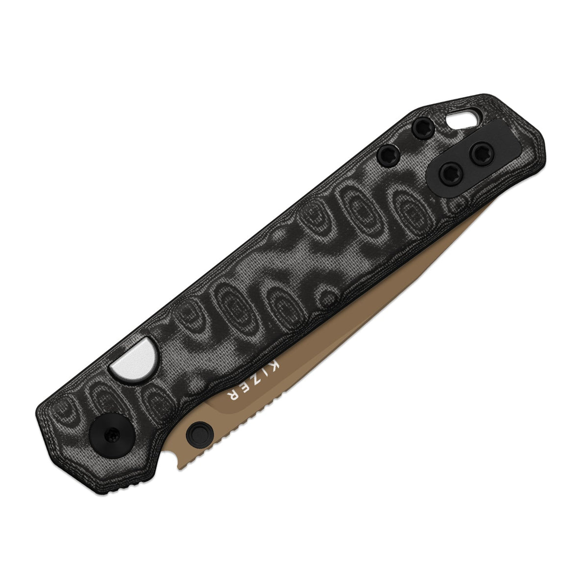 Begleiter 2.9 | Kizer Button Liner Lock™ | BD1N + Sunset Metal PVD | vortex pattern micarta | KizerV™ 3458.2BDA8