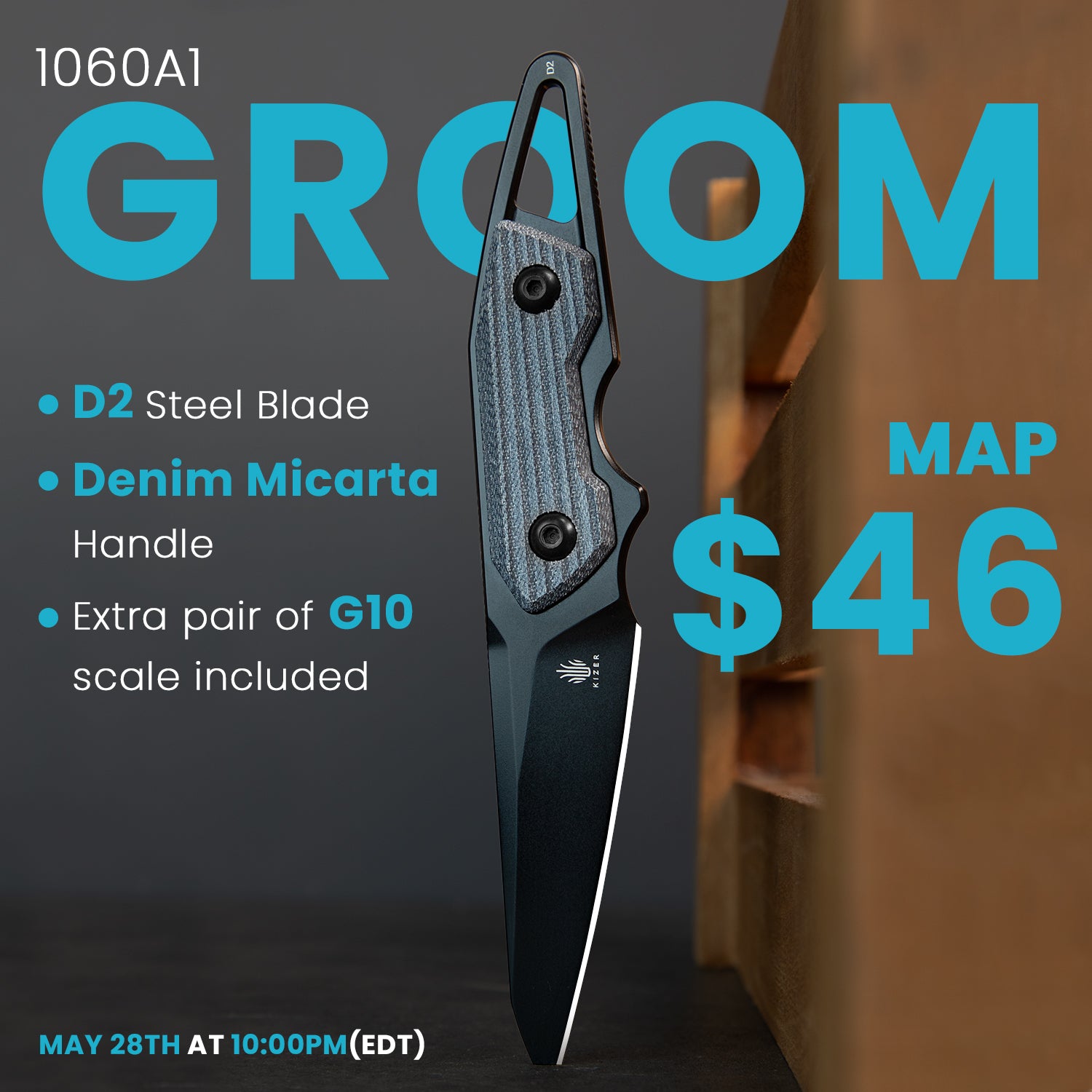 GROOM 3.08 inches D2 Fixed Blade Denim Micarta Handle 1060A1-kizer