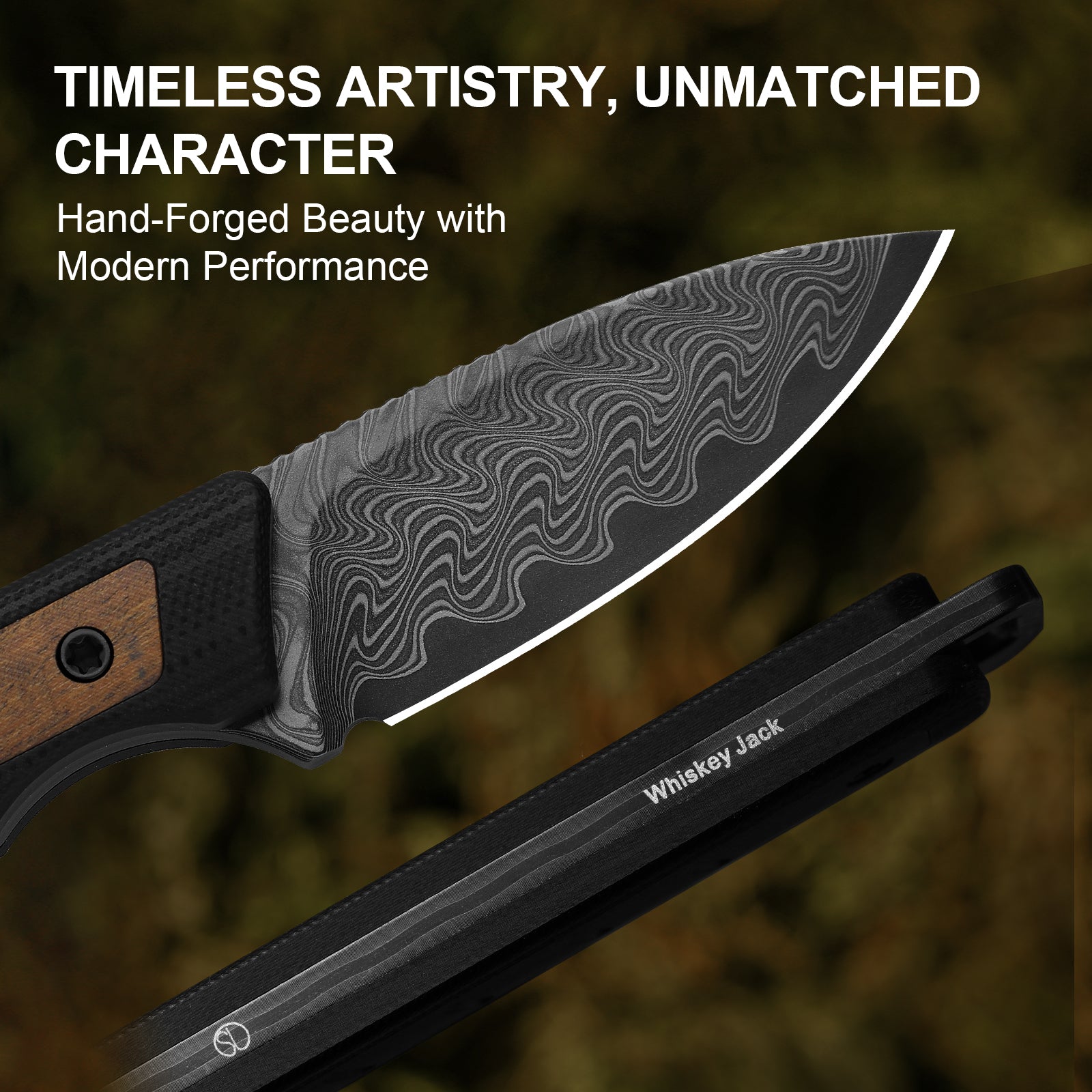 Whiskey Jack | Acid-washed Damascus | G10 & Mkuruti Wood | Skeletonized Tang | KizerV™ 1108A2