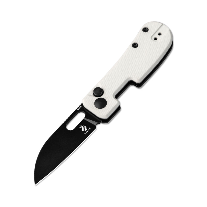 Kizer Banish Nitro V Blade Button Lock White Textured G10 Handle V2676A3(2.30" Black)