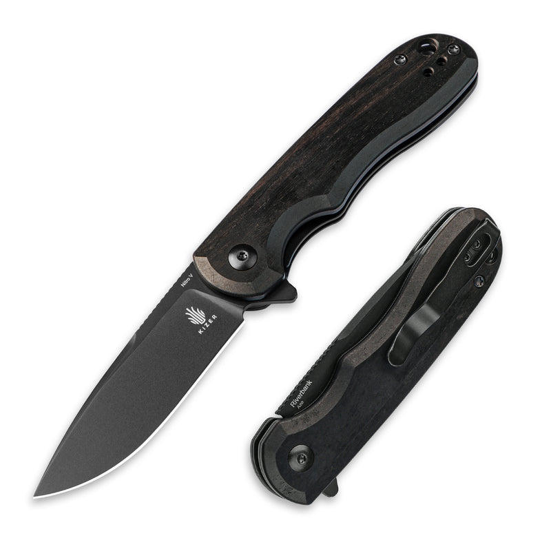 Kizer Riverbank Nitro-V Blade Liner Lock Black Wood Handle V3717M2(2.99'' Black)