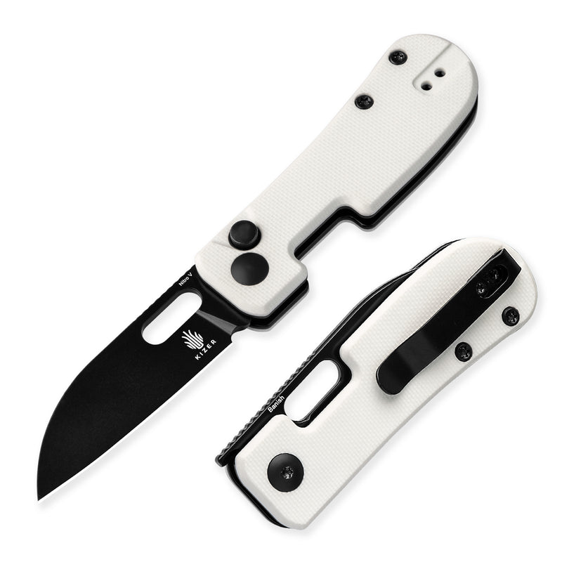 Kizer Banish Nitro V Blade Button Lock White Textured G10 Handle V2676A3(2.30" Black)