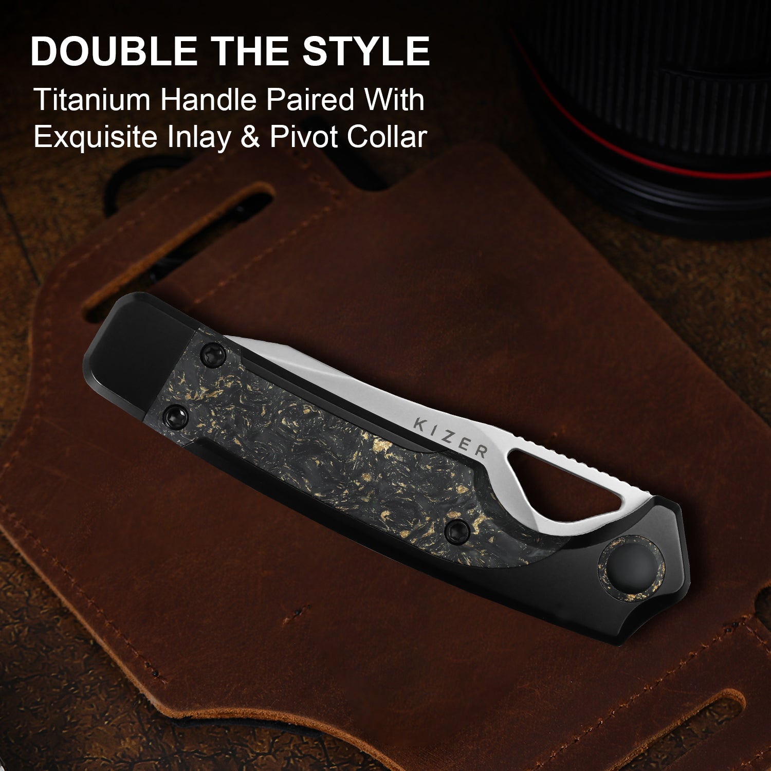 Ara 3.09 inch S45VN Titanium & Carbon Fiber Gold Flake Ki3729A1-Kizer