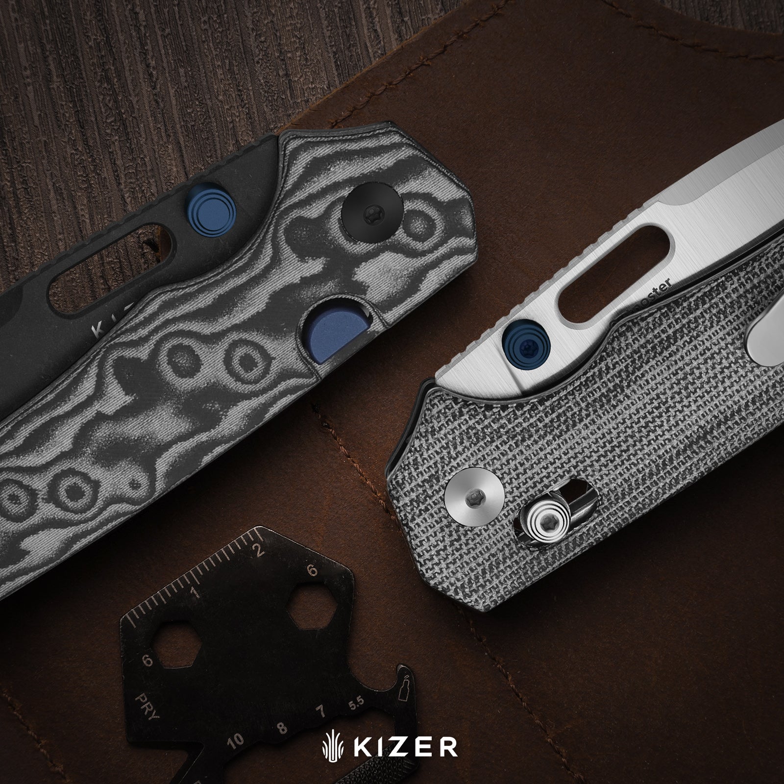 Outposter |  Kizer Clutch Lock™ | Vortex Pattern Micarta | Nitro-V+PVD Coating | KizerV™ 3802CDA2