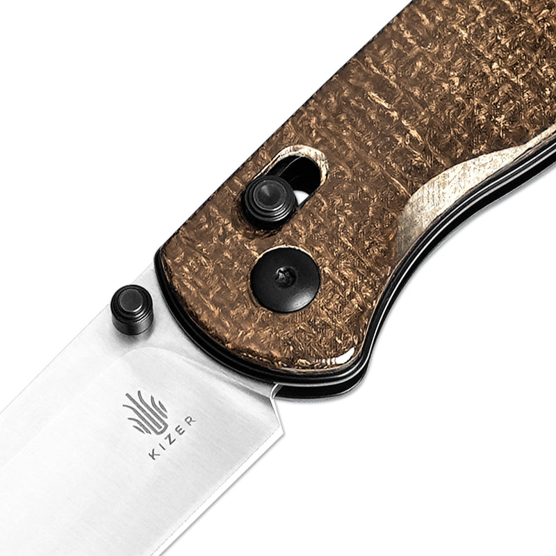 Kizer Drop Bear Polished Brown Burlap Micarta KnifeCenter Exclusive -Ki3619E3