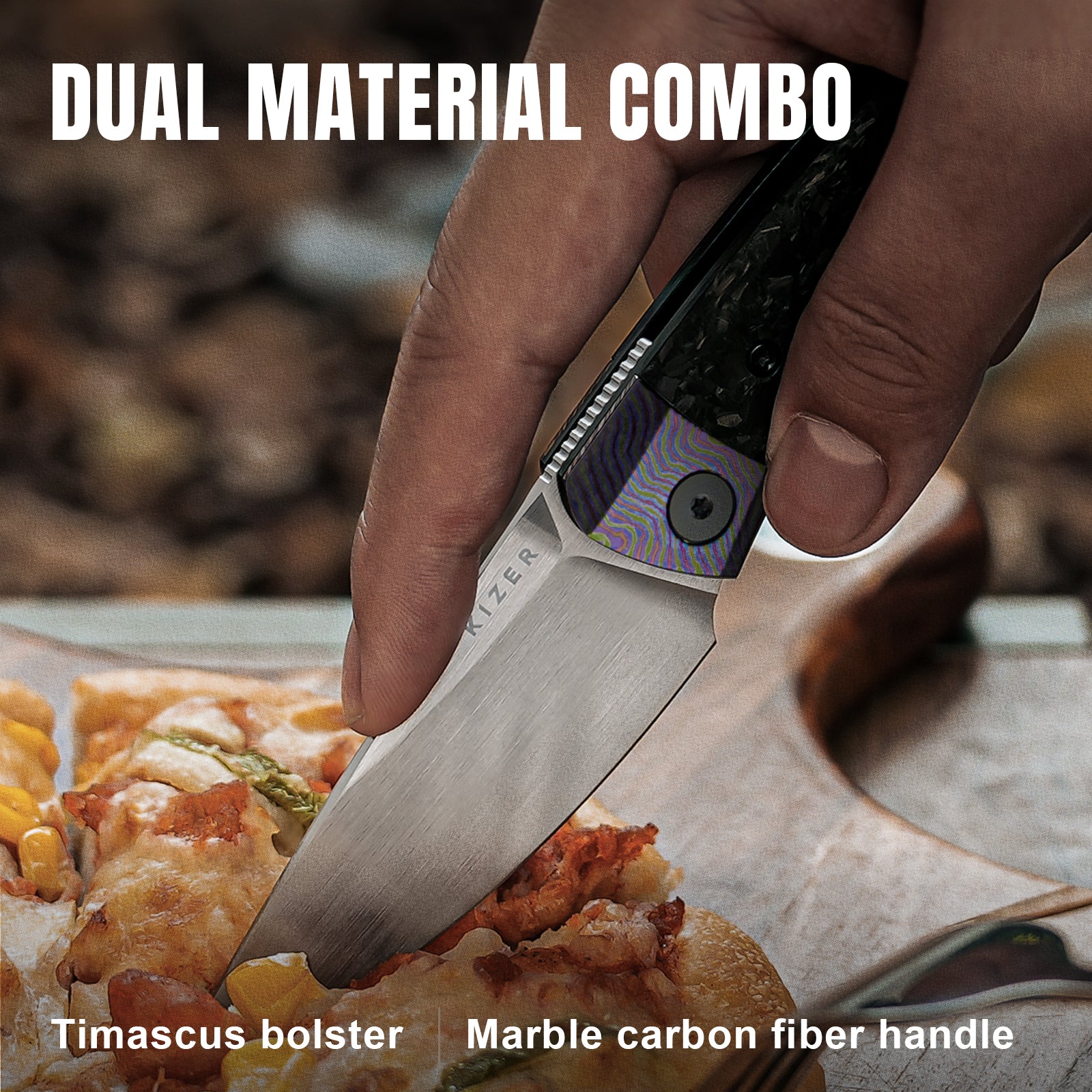 Mini MoMo | M390 | Timascus+Marble Carbon Fiber | KizerB™ 3663A4