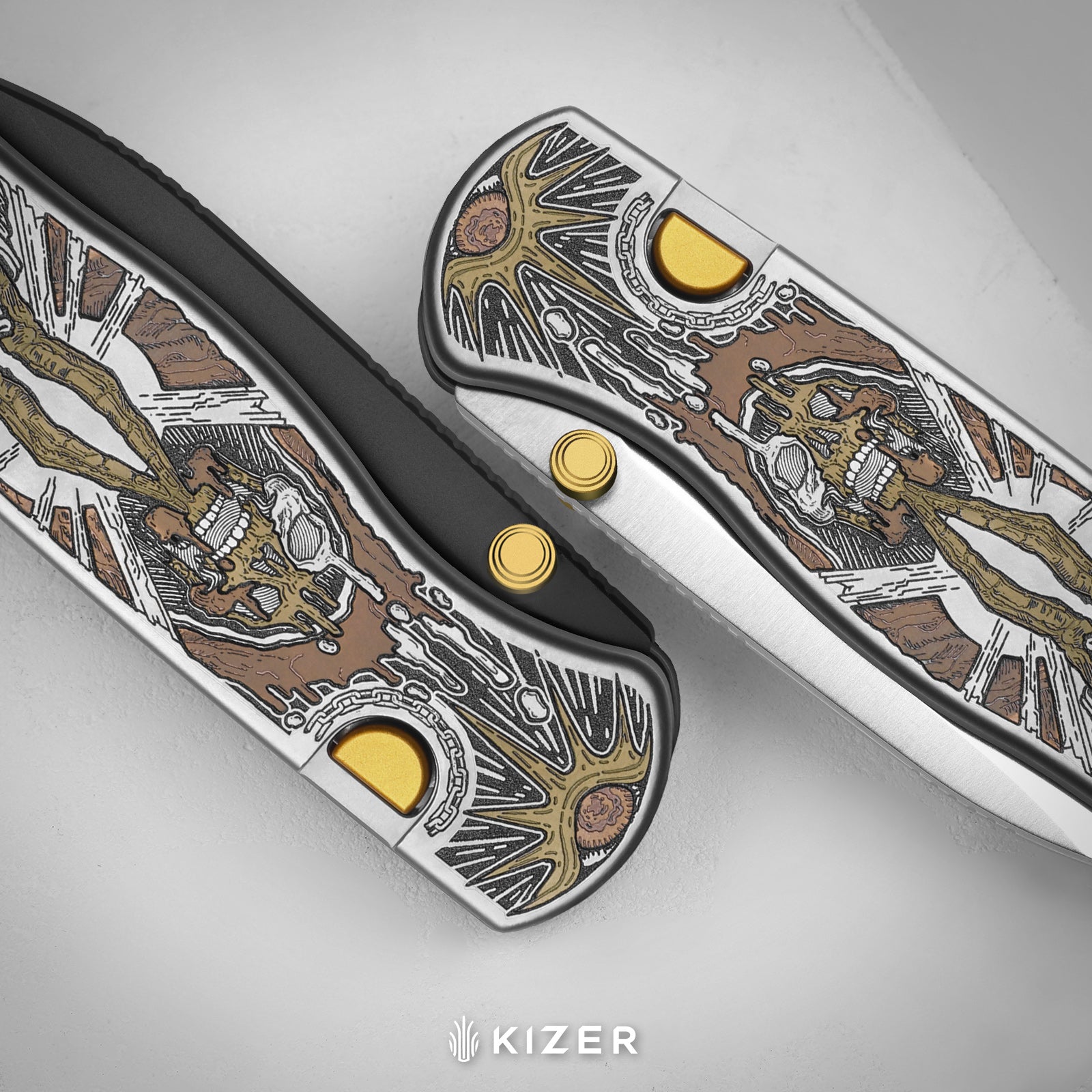 Drop Bear® Zero | Vanax | Hand-brushed | Hollow Grind | Titanium (Laser Engraved with Multi-tone Inlays) | Kizer Button Liner Lock™ | KizerX™ 3619BDLA1