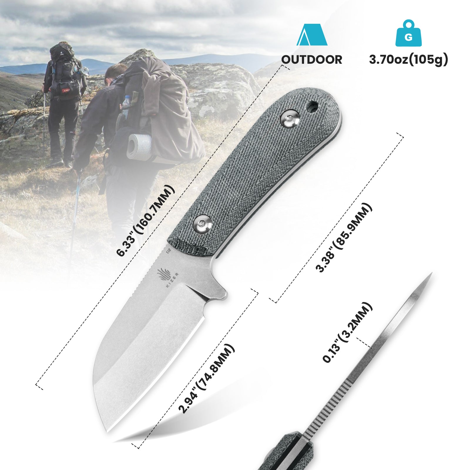 Kizer 2.94 inch Deckhand D2 Compact Fixed Blade G10+Micarta Handle