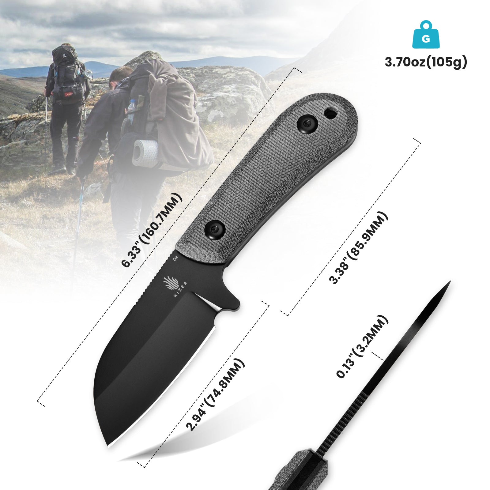 Kizer 2.94inch Deckhand D2 Compact Fixed Blade G10+Micarta Handle
