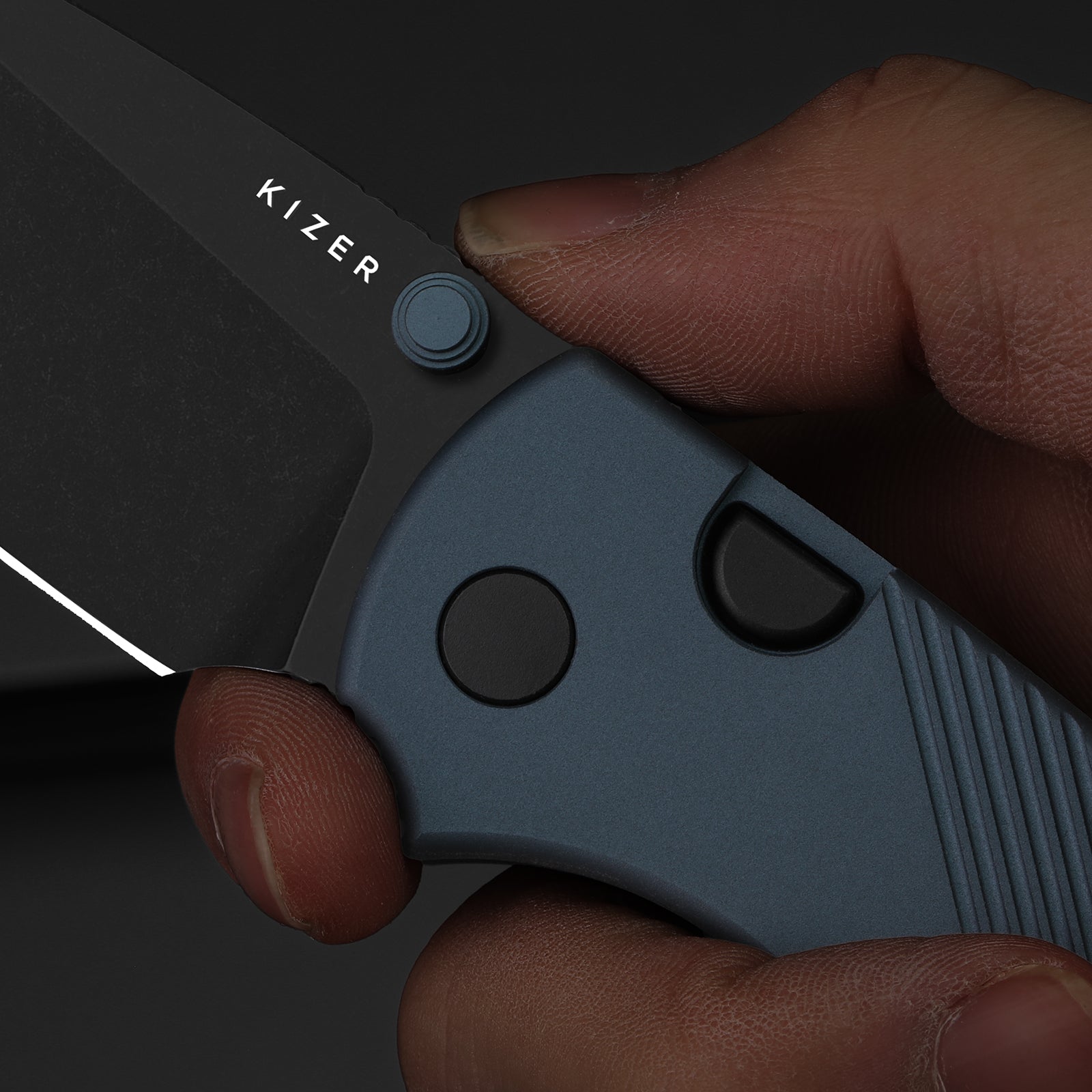 Glaux | Kizer Button Liner Lock™ | Vortex Pattern Micarta | Gray PVD Coating & Stonewashed | KizerV™ 3801A2
