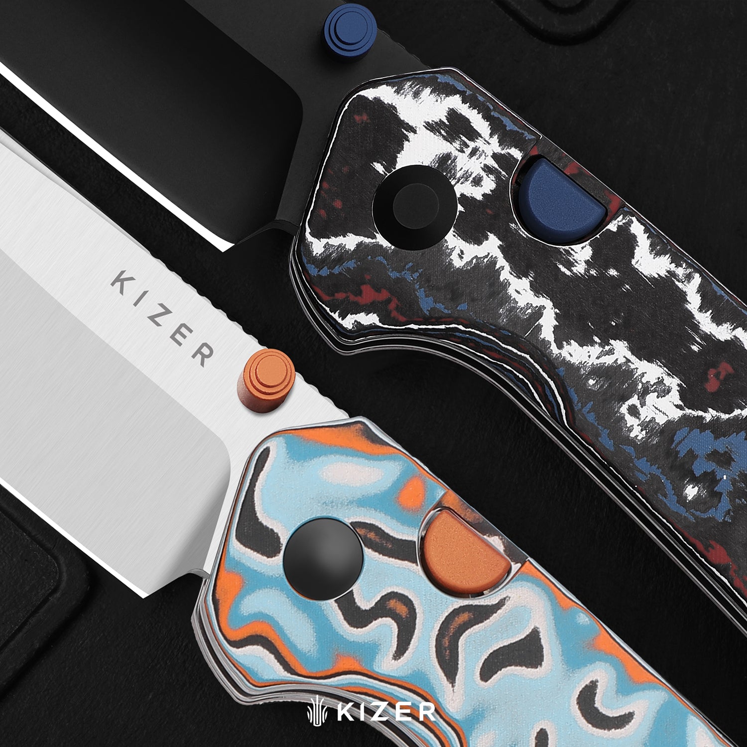 Madrac | Kizer Button Liner Lock™ | CamoCarbon Brittany Blue | S45VN + Hollow Grind + Polished DLC Ultra | KizerB™ 3693A3