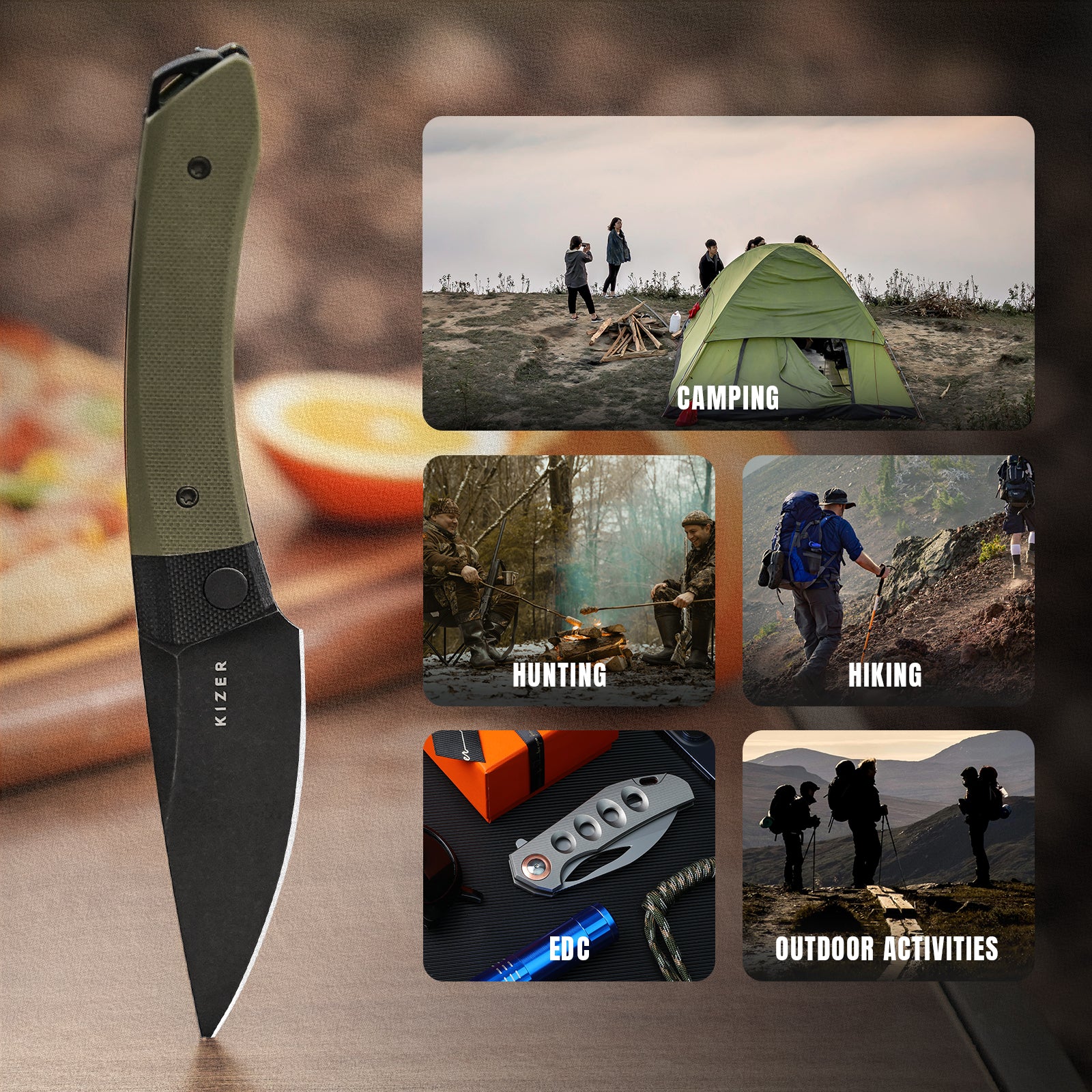 Mini Momo | D2 | Black G10+Olive Green G10 | KizerV™ 3663M2