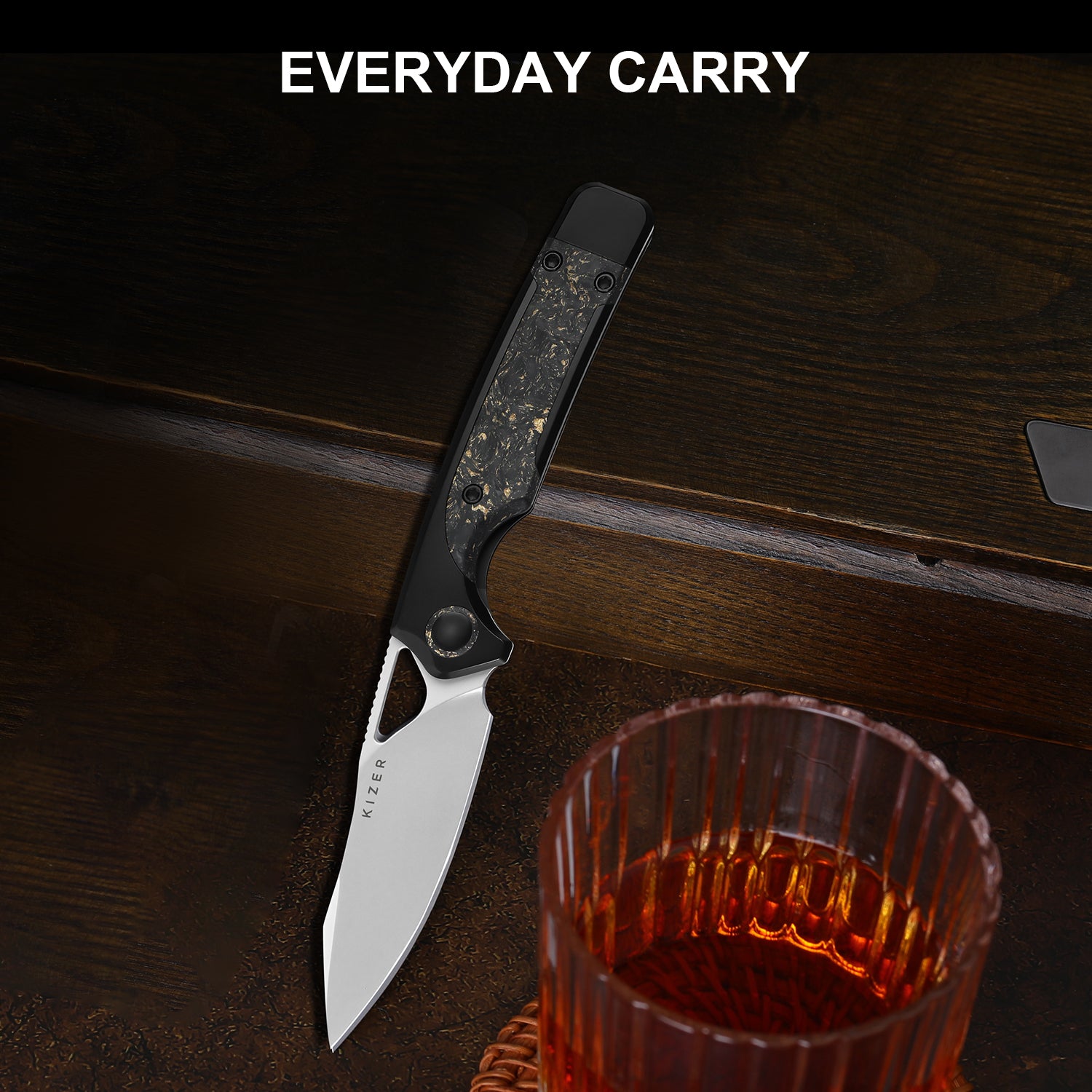 Ara 3.09 inch S45VN Titanium & Carbon Fiber Gold Flake Ki3729A1-Kizer