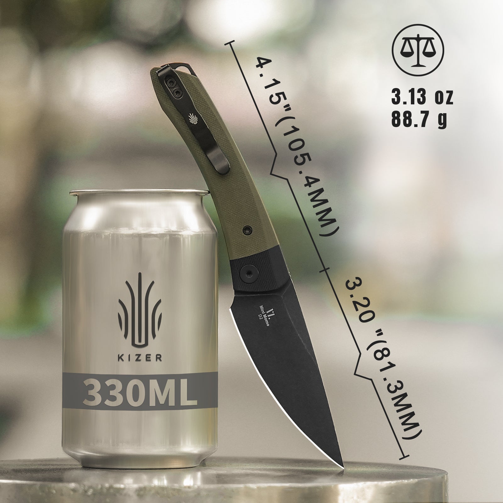 Mini Momo | D2 | Black G10+Olive Green G10 | KizerV™ 3663M2