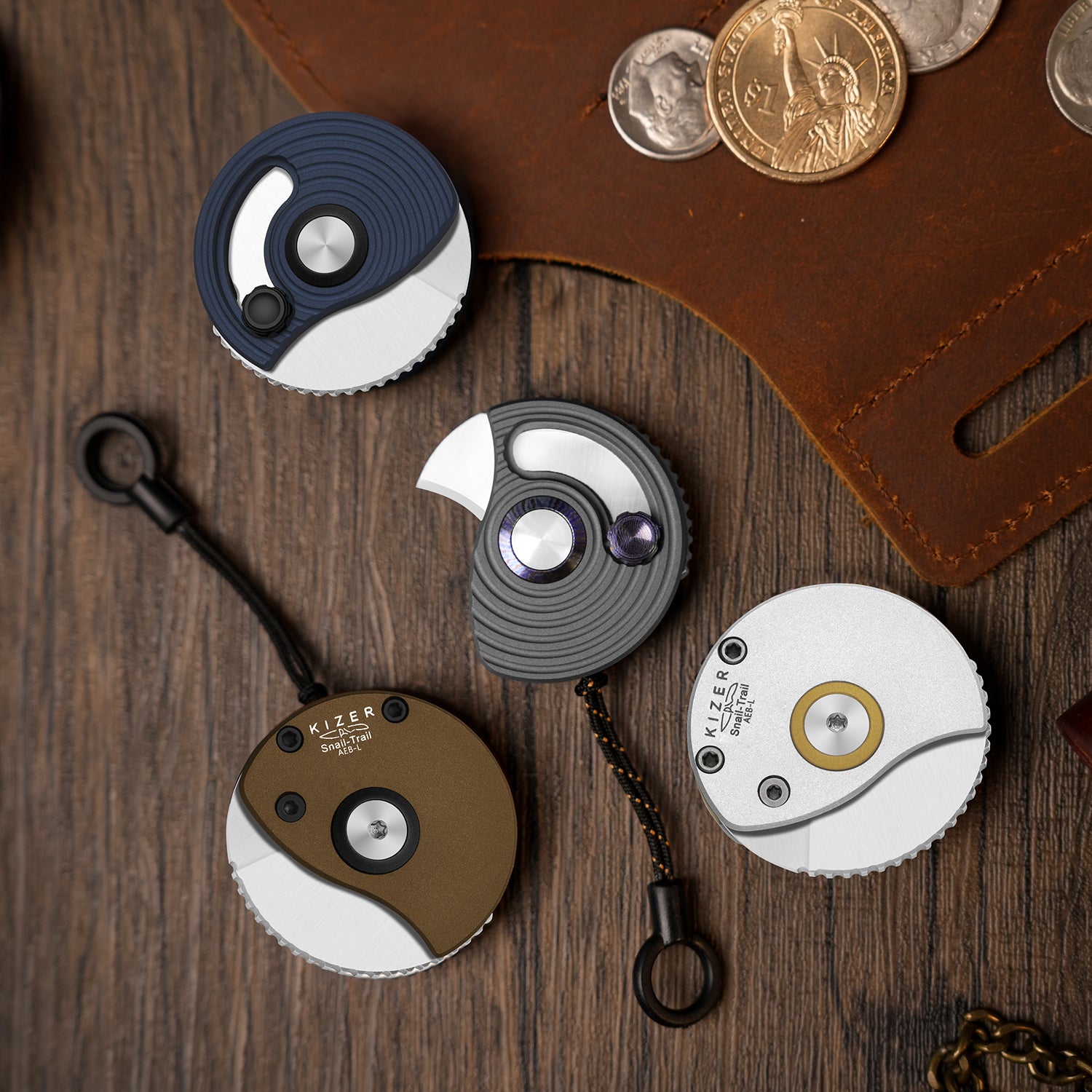 Snail-Trail | 5th Pocket Coin Knife | Detent Slip Joint | AEB-L | Matte Brass-Tone Aluminum Handle | Flat Grind | KizerV™ 2757A1