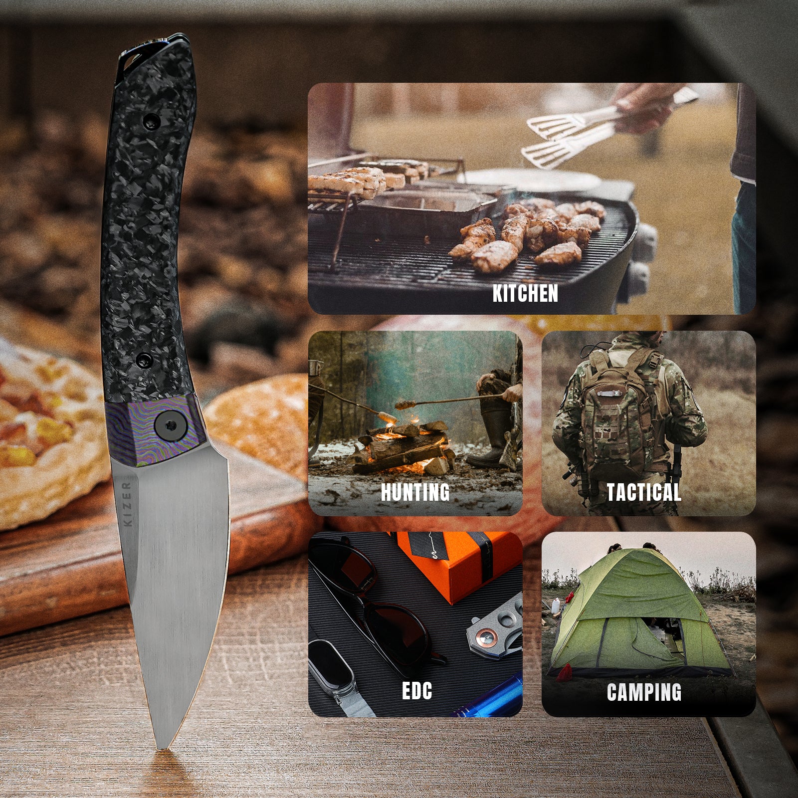 Mini MoMo | M390 | Timascus+Marble Carbon Fiber | KizerB™ 3663A4