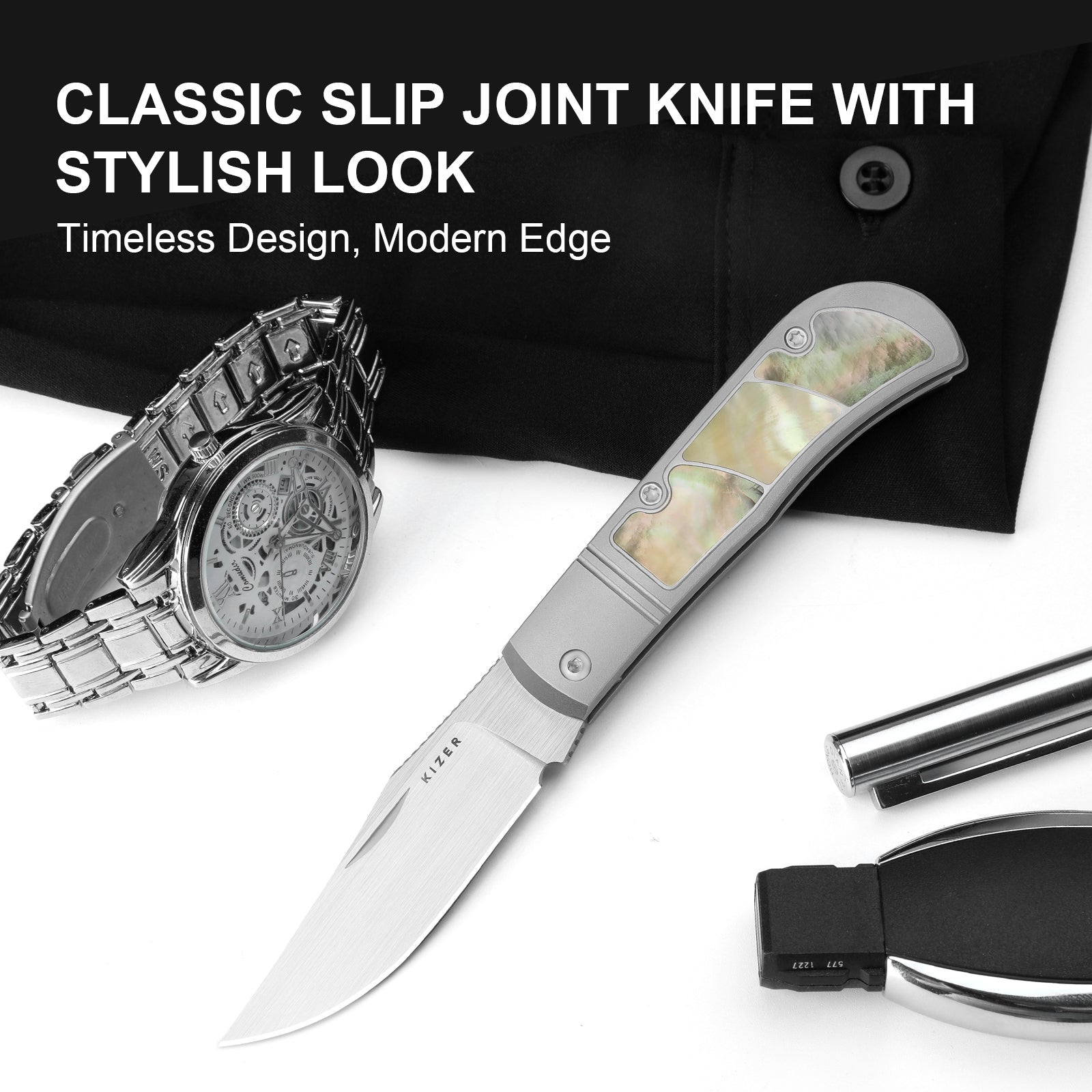 Trestle 2.9 inch S45VN Titanium & Mother of Pearl Ki3761A3-Kizer