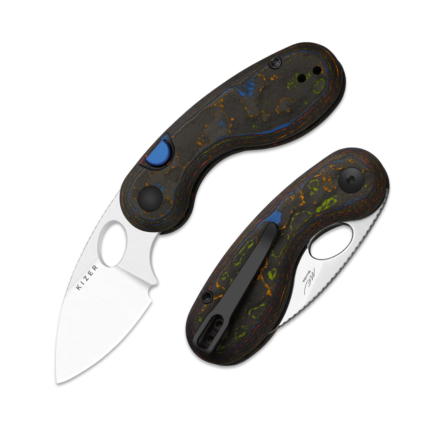 Microbe™ | Kizer Button Liner Lock™ | M390 | Camo Carbon 80's | KizerB™ 2742A1