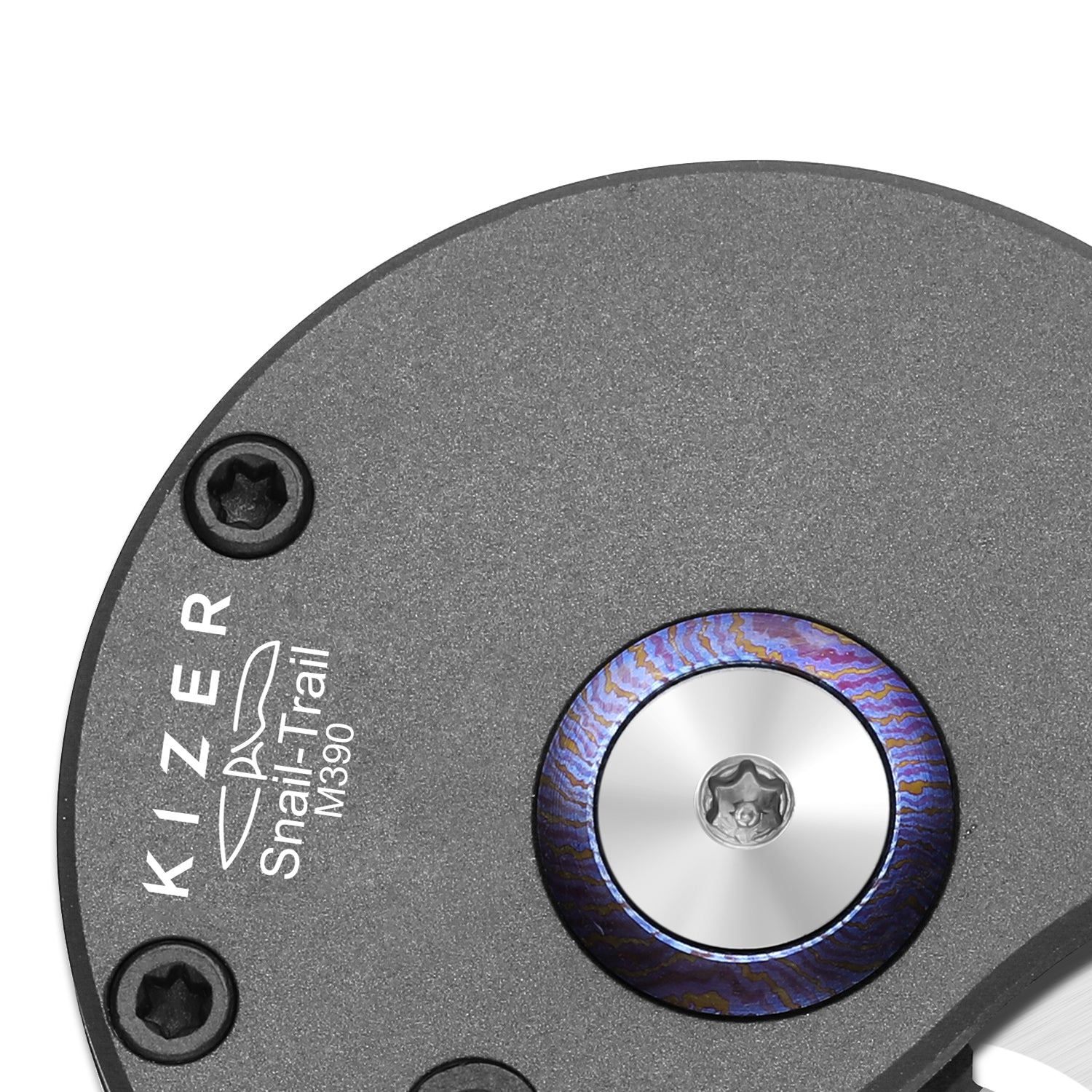 Snail-Trail | 5th Pocket Coin Knife | Detent Slip Joint | M390 | Titanium Damascus Thumb Stud & Pivot Collar | Flat Grind | KizerB™ 2757A1