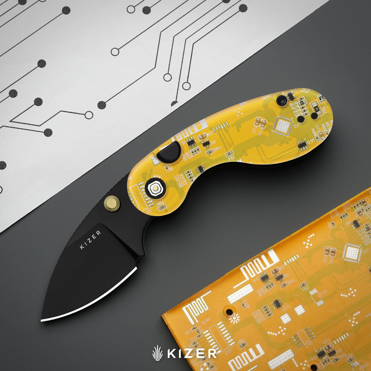 Microbe PCB | Kizer Button Liner Lock™ | CPM Rex45 | Resin & PCB | Black PVD Coating | KizerB™ 2742BDA3