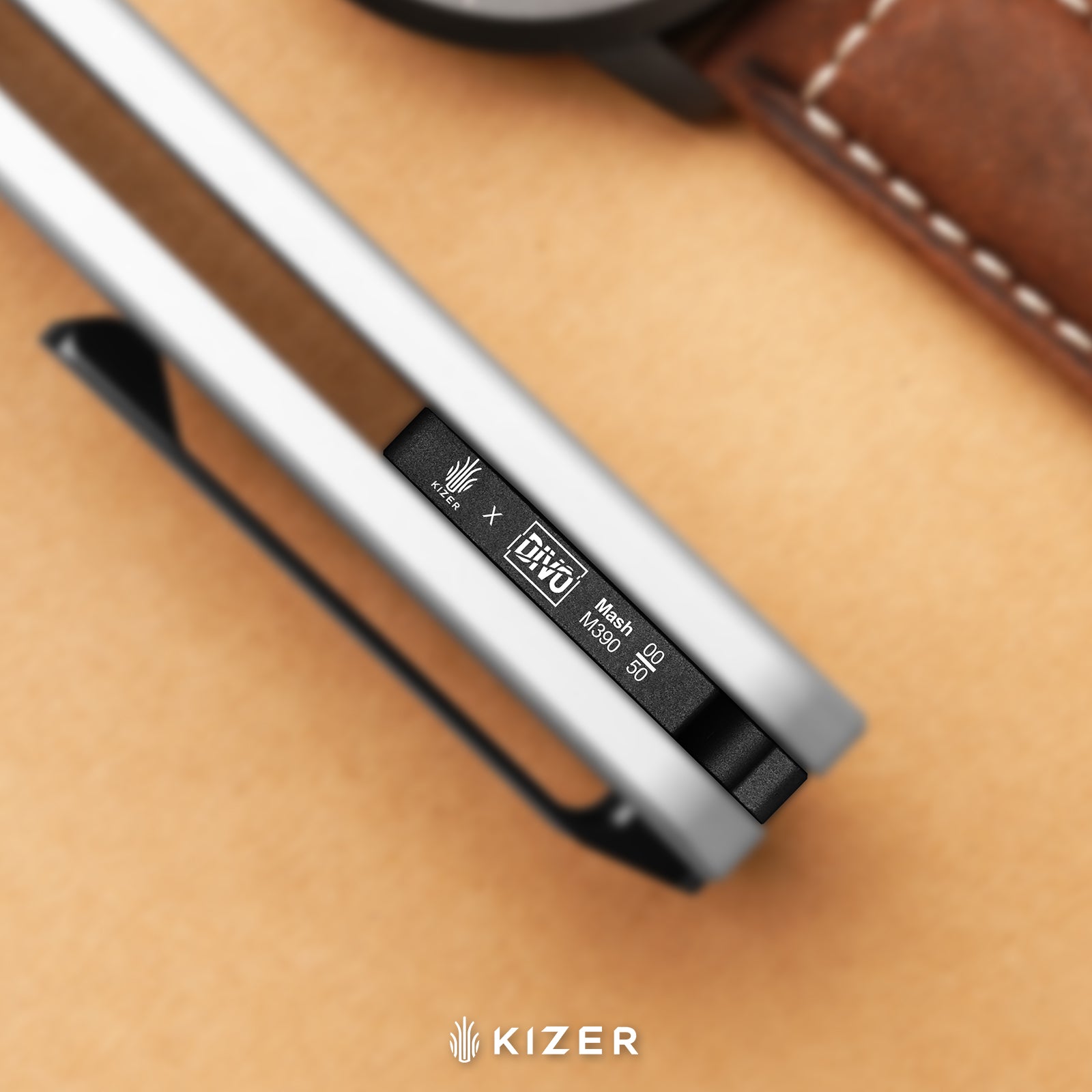 Mash | Kizer Button Liner Lock™ | M390 + X Polished DLC + Hollow Grind | Aluminum | KizerB™ 3699BSA4 | Limited