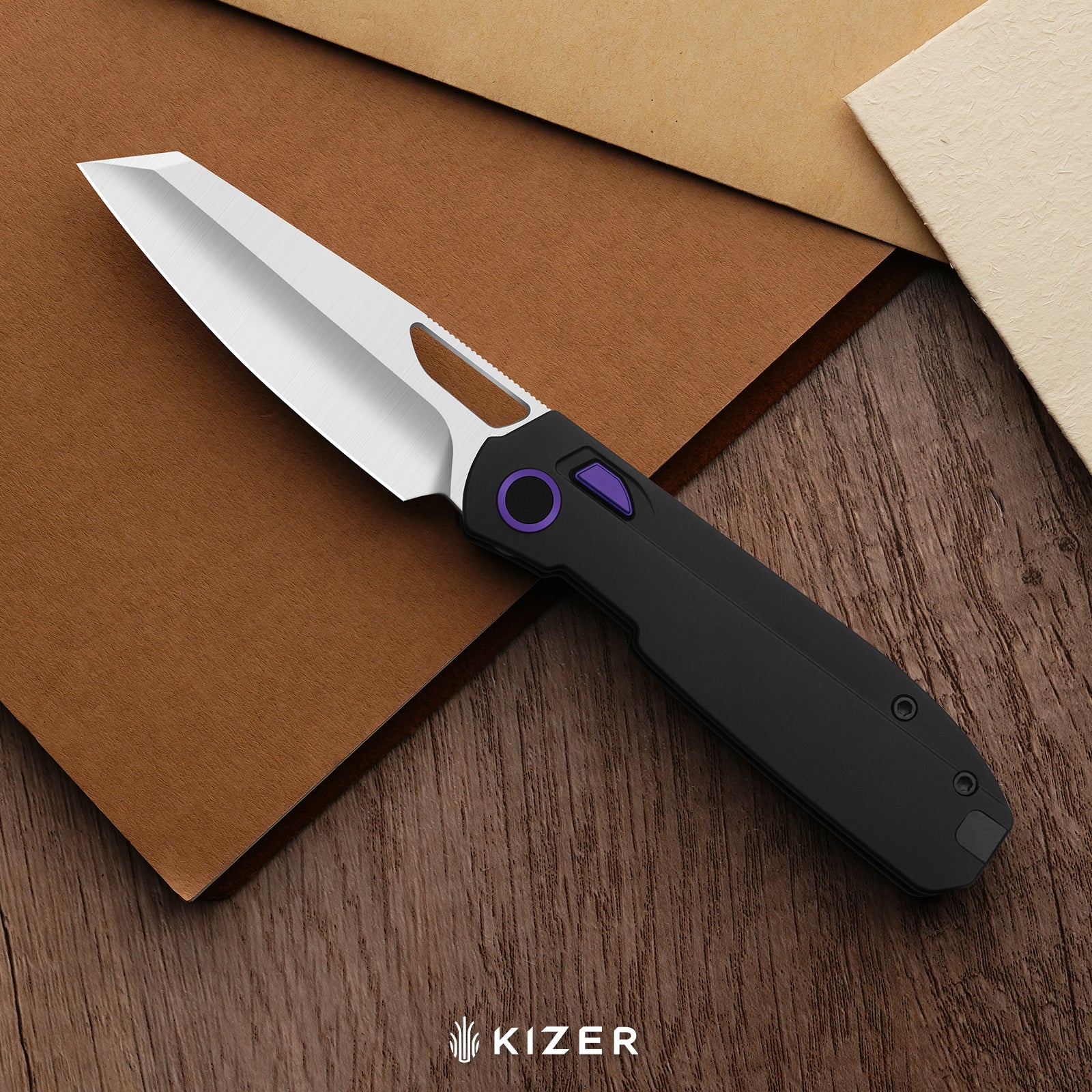 Mash | Kizer Button Liner Lock™ | M390 + Matte DLC Ultra + Hollow Grind | FatCarbon Purple Haze | KizerB™ 3699BSA2