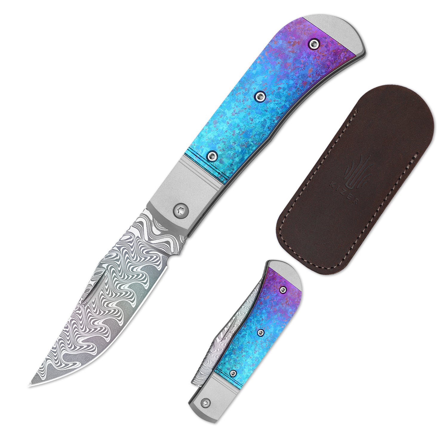 Trestle 2.9 inch Rainbow Damascus Aluminum & Crystallized Titanium