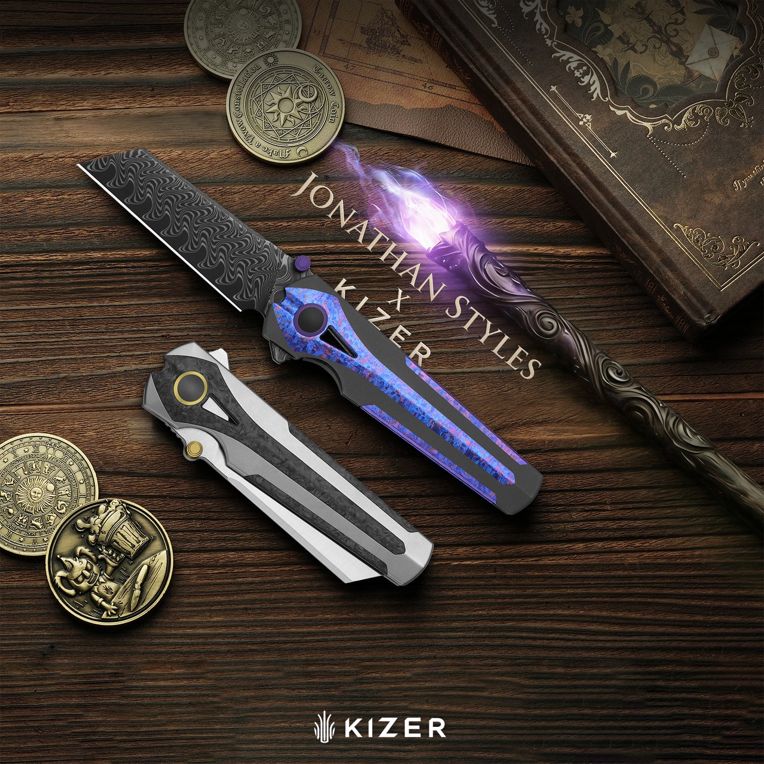 Staff | Frame Lock | Damascus | Titanium & Crystallized Titanium | Aci