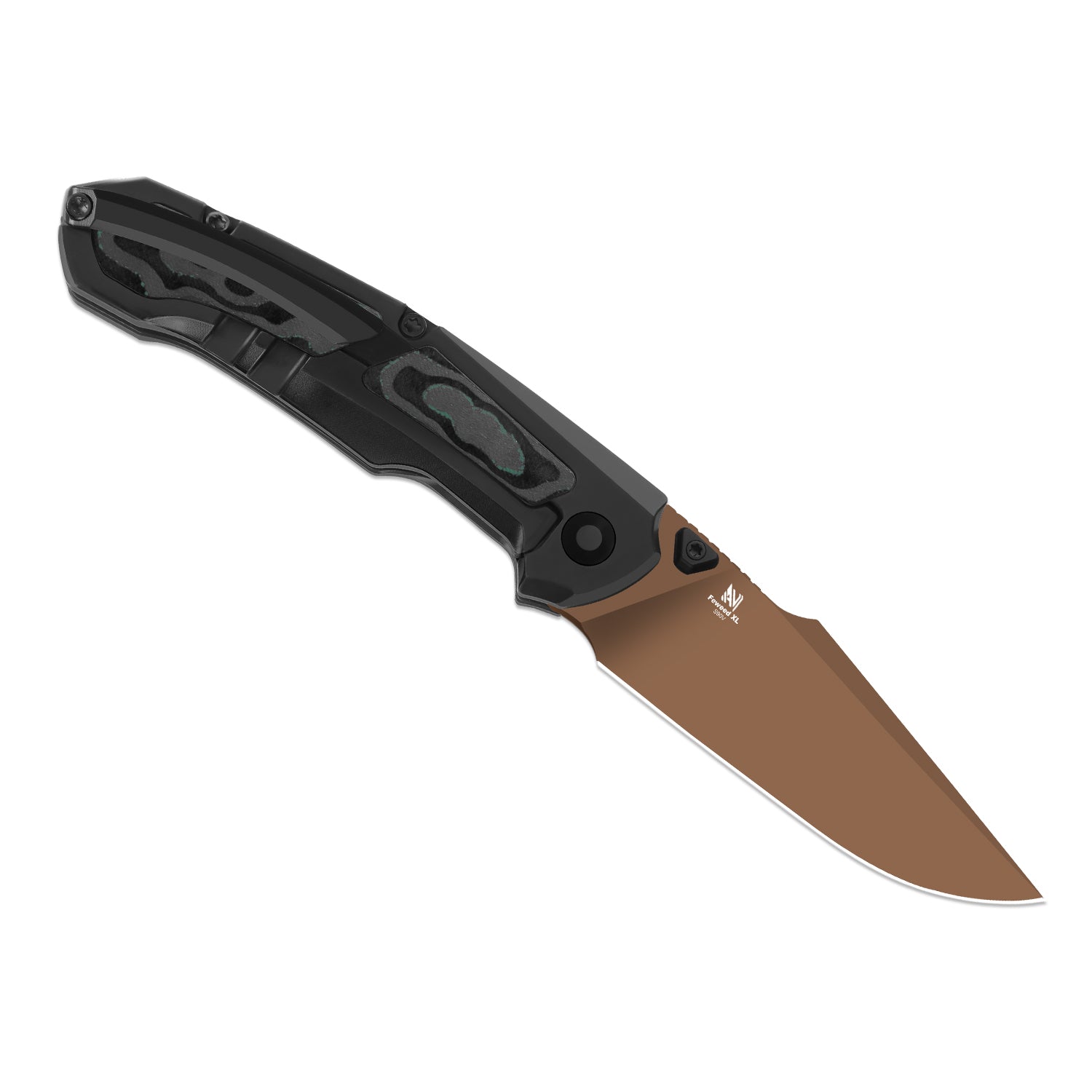 Feweed XL | S90V | Harpoon Blade | Titanium & Camo Carbon Shipwreck｜KizerB™ 4694A3