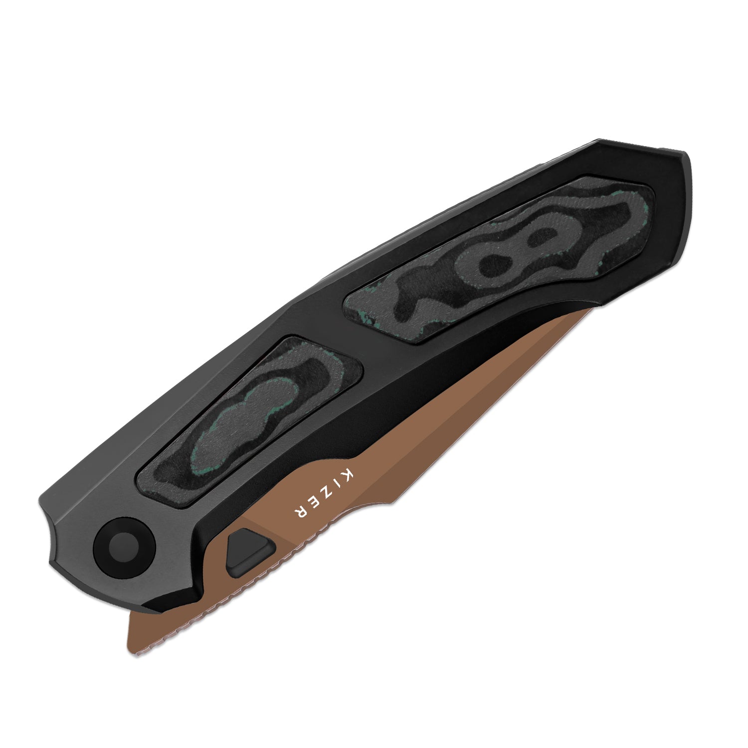 Feweed XL | S90V | Harpoon Blade | Titanium & Camo Carbon Shipwreck｜KizerB™ 4694A3