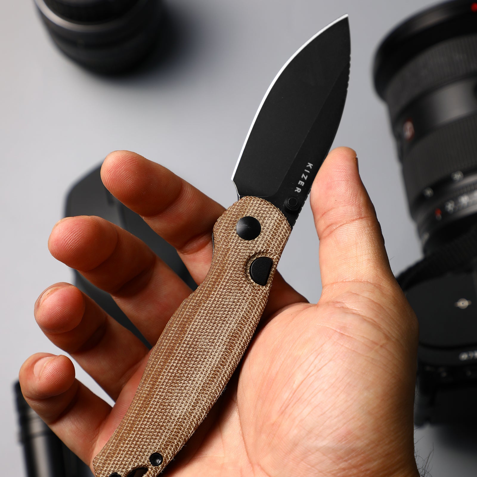Phoca BD Damascus Norplex UltreX™ Micarta Button Liner Lock - Kizer