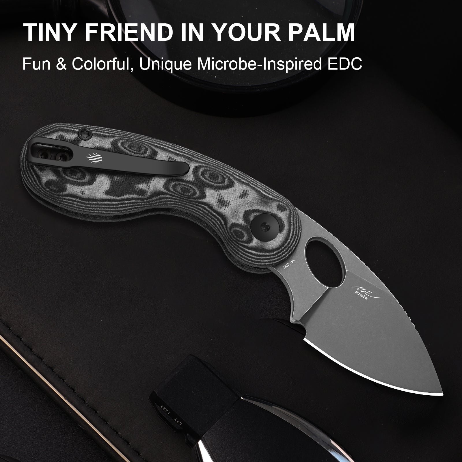 Microbe™ | Kizer Button Liner Lock™ | Micarta With Vortex Pattern | 14C28N | KizerV™ 2742A5