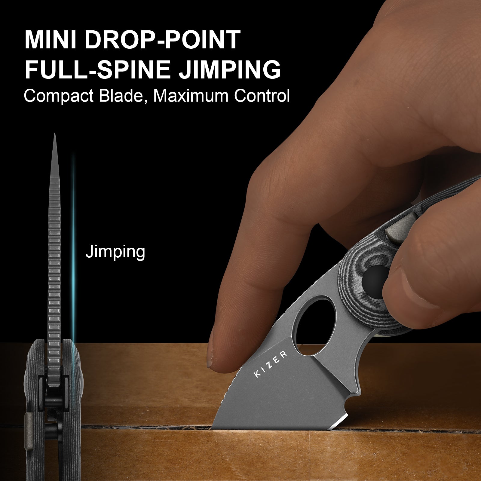 Microbe™ | Kizer Button Liner Lock™ | Micarta With Vortex Pattern | 14C28N | KizerV™ 2742A5