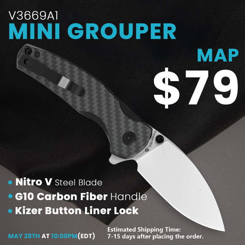 Kizer Mini Grouper Nitro V Blade Button Liner Lock Carbon Fiber Handle V3669A1 (3.14" Satin)