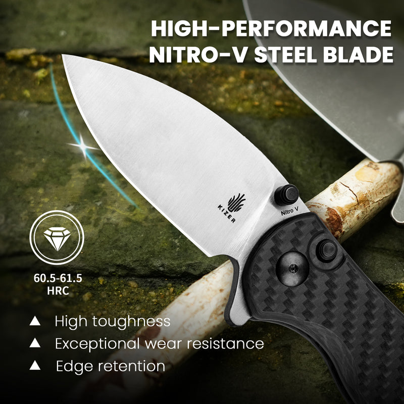 Kizer Mini Grouper Nitro V Blade Button Liner Lock Carbon Fiber Handle V3669A1 (3.14" Satin)