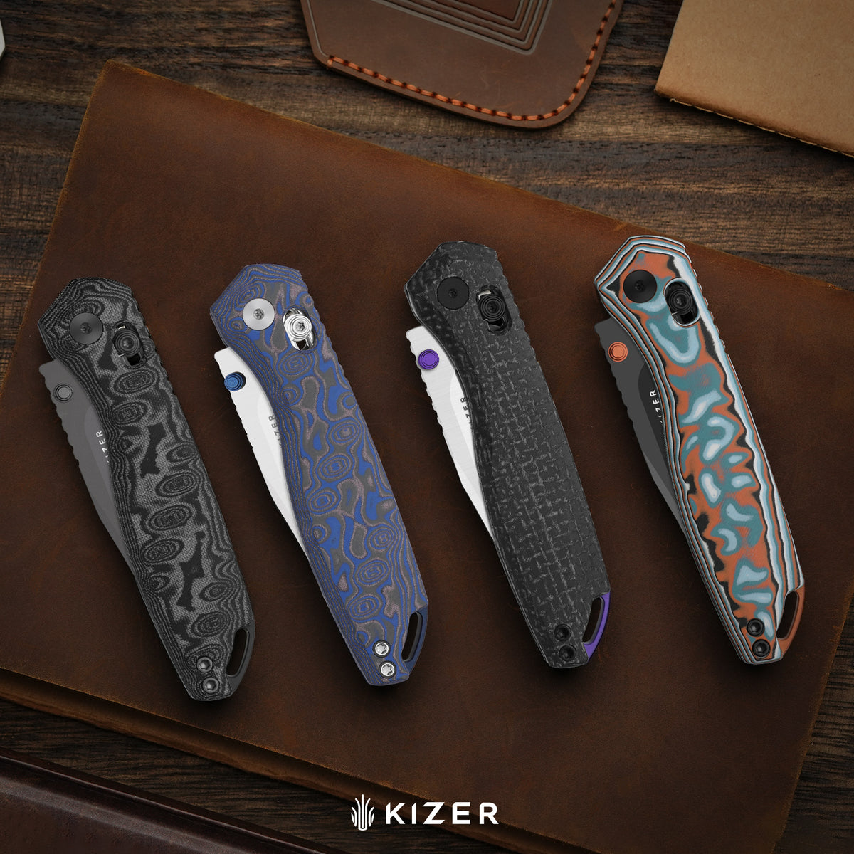 Findo | Clip Point | Kizer Clutch Lock™ | AEB-L + Black PVD Coating | vortex pattern micarta | KizerV™ 3743CC1