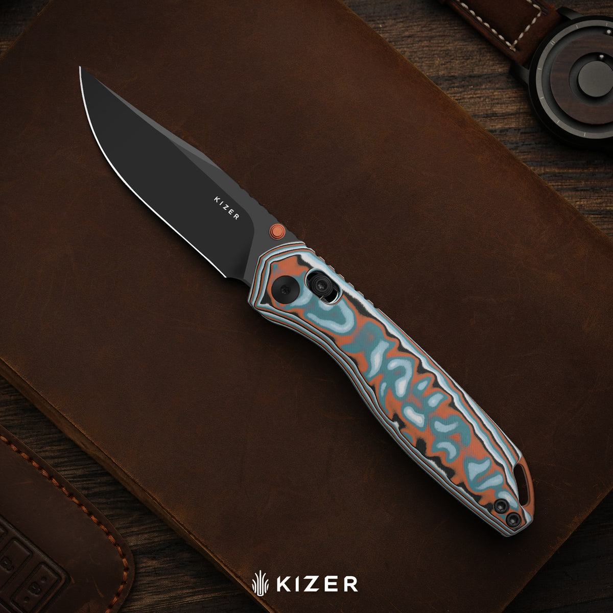 Findo | Clip Point | Kizer Clutch Lock™ | AEB-L + Black PVD Coating | vortex pattern micarta | KizerV™ 3743CC1