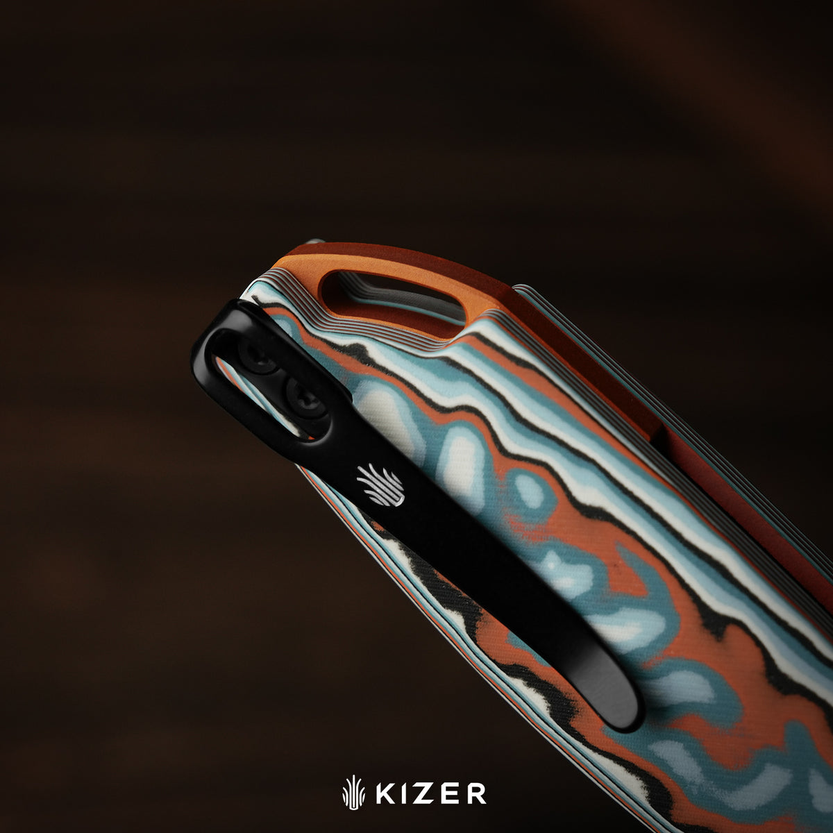 Findo | Clip Point | Kizer Clutch Lock™ | AEB-L + Black PVD Coating | vortex pattern micarta | KizerV™ 3743CC1