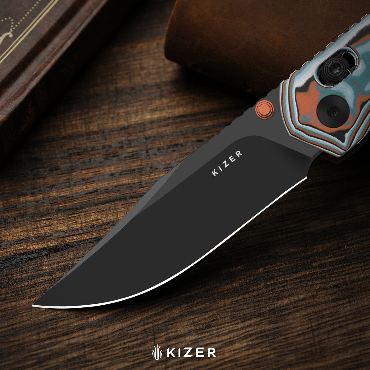 Findo | Clip Point | Kizer Clutch Lock™ | AEB-L + Black PVD Coating | vortex pattern micarta | KizerV™ 3743CC1