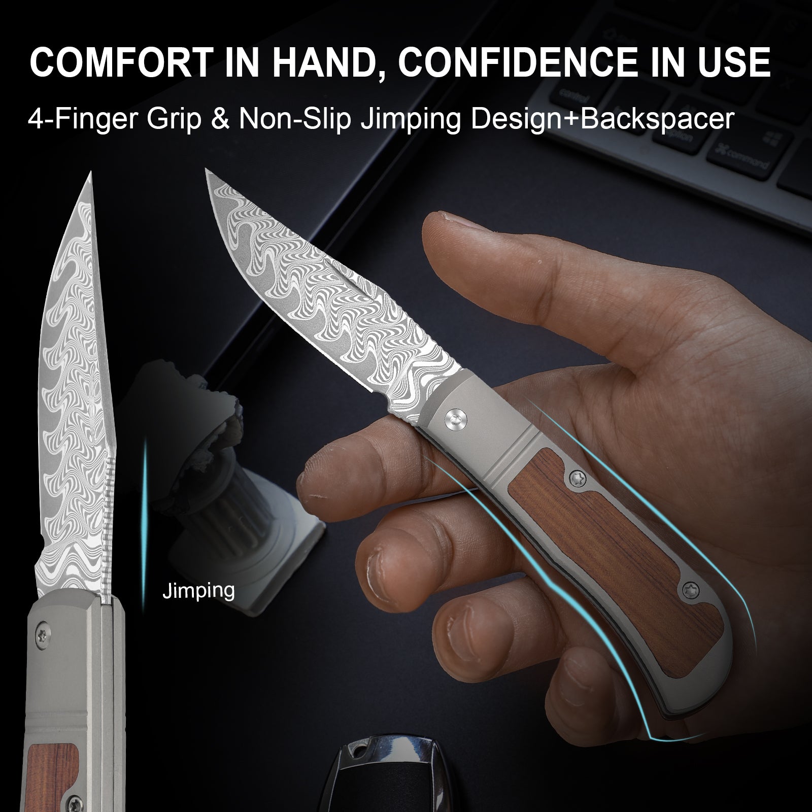 Trestle | Damascus | Titanium & Mkuruti Wood | KizerV™ 3761A2