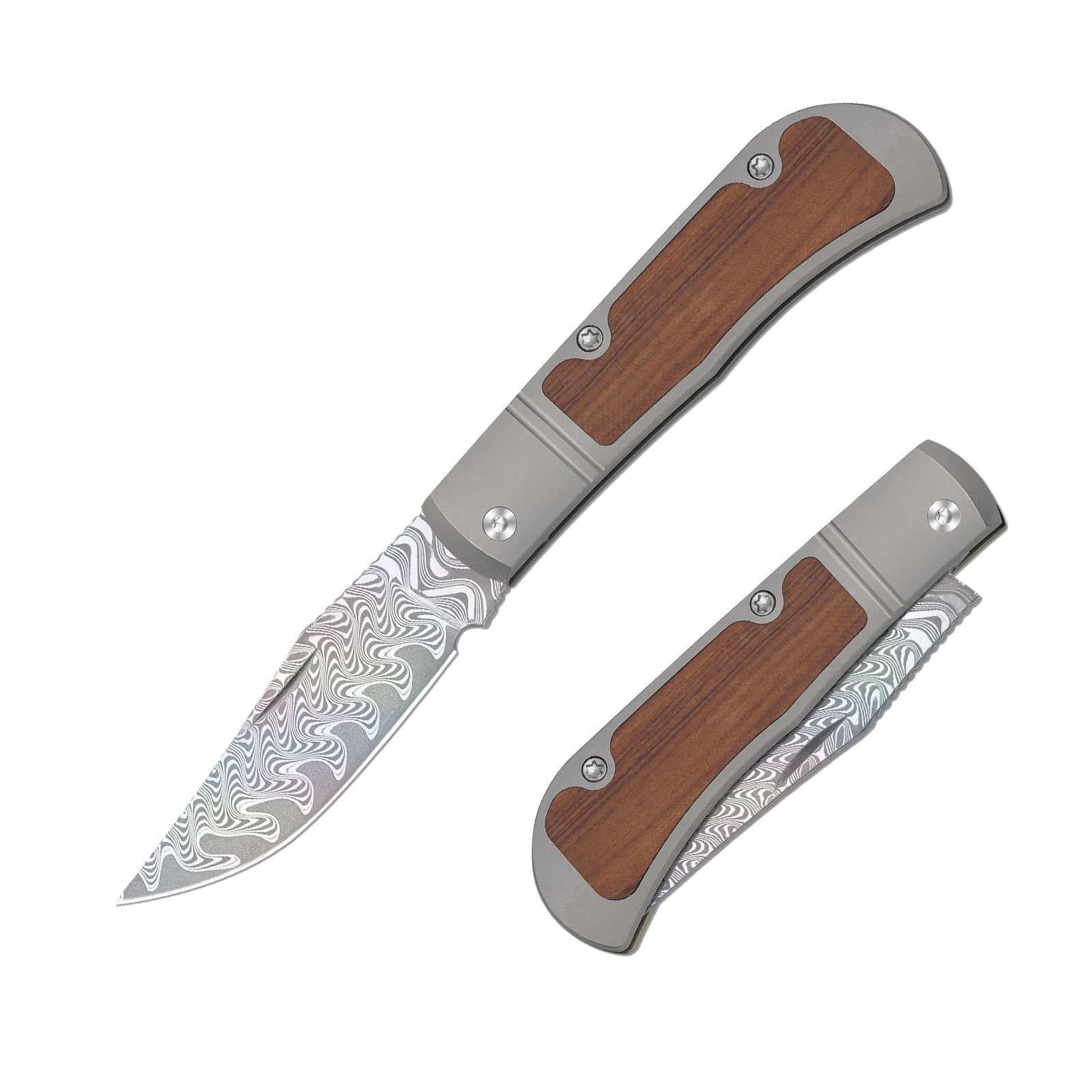 Trestle 2.89 Inch Damascus Titanium & Mkuruti Wood V3761A3-Kizer