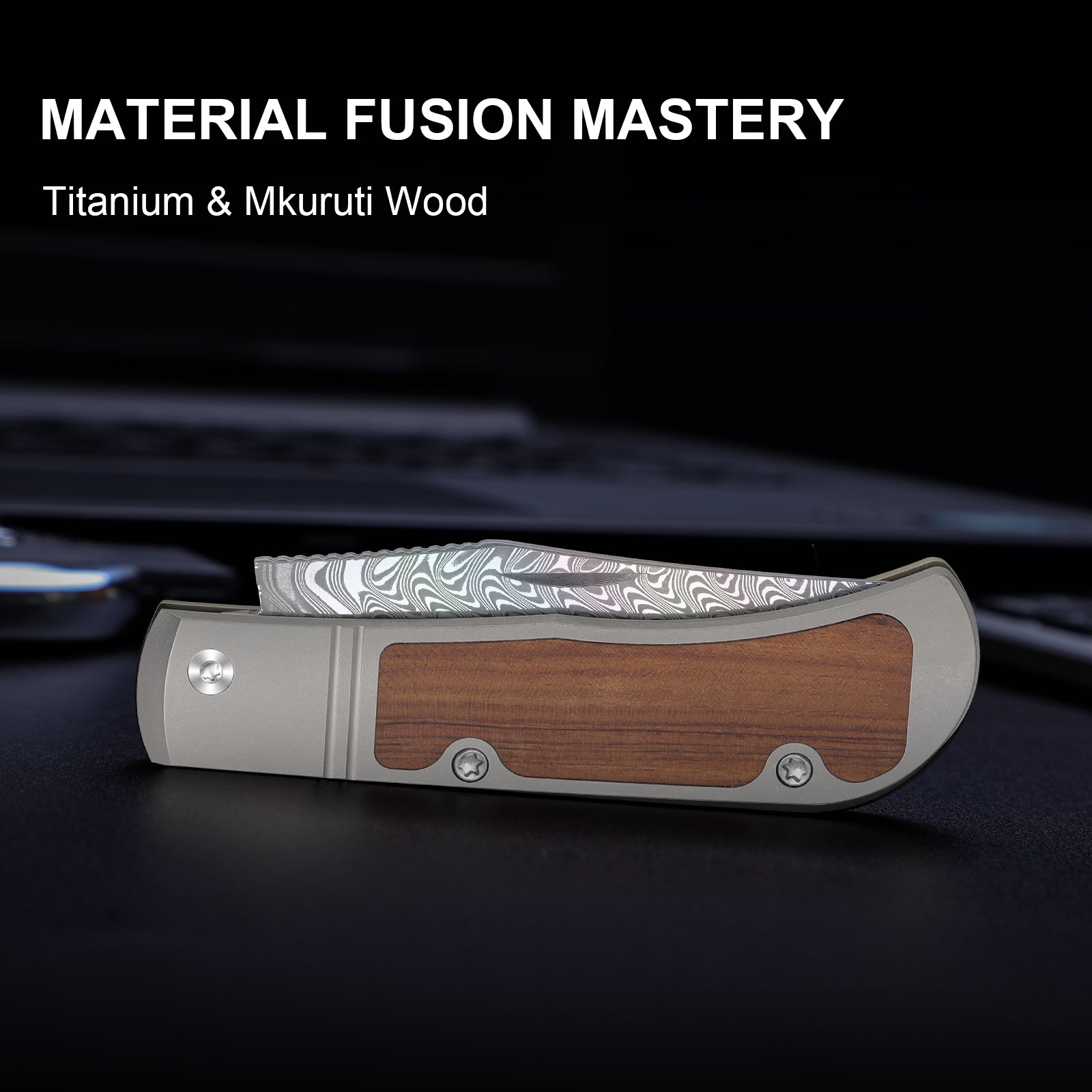 Trestle | Rainbow Damascus | Acid-washed | Titanium & Mkuruti Wood | V3761A3