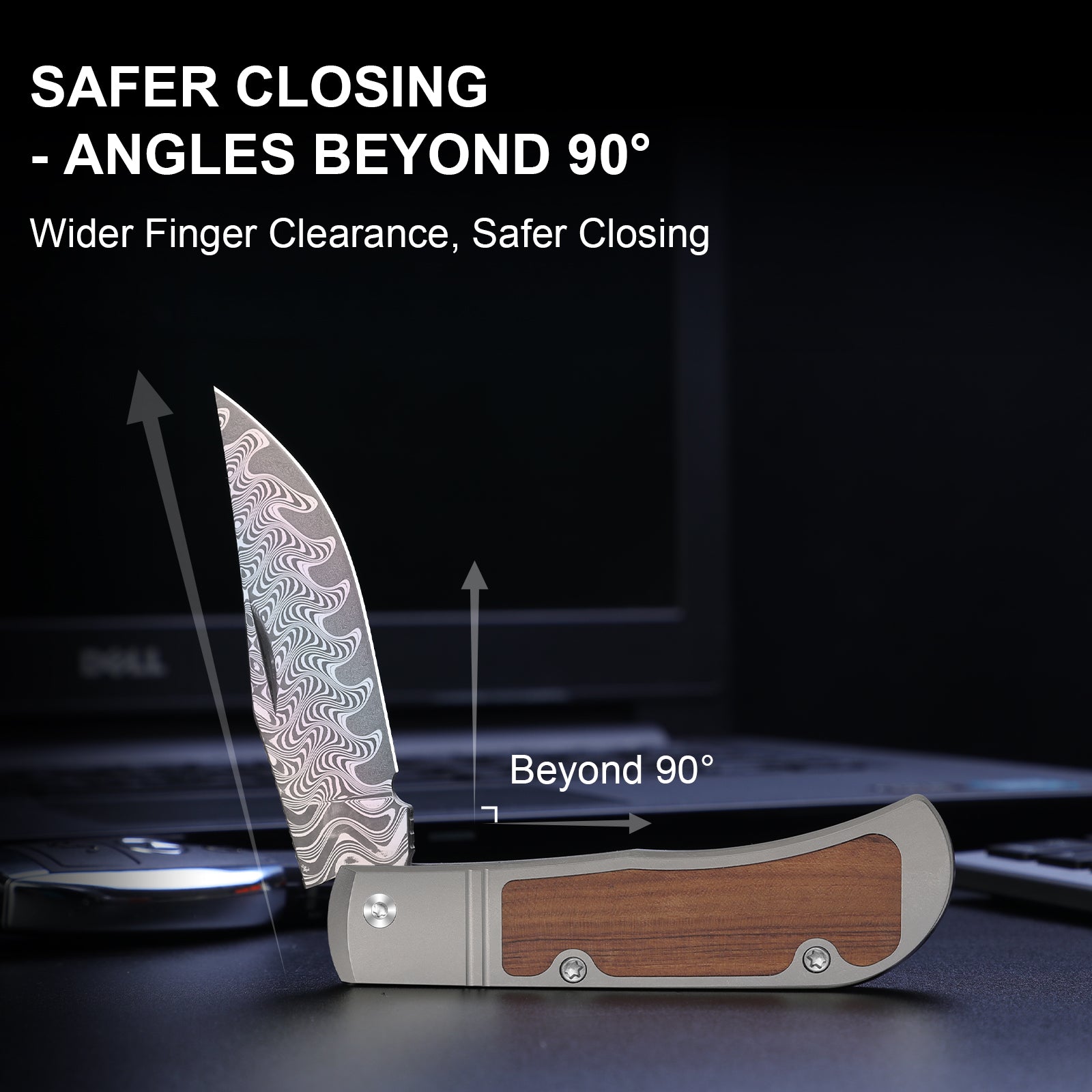 Trestle 2.89 Inch Damascus Titanium & Mkuruti Wood V3761A3-Kizer