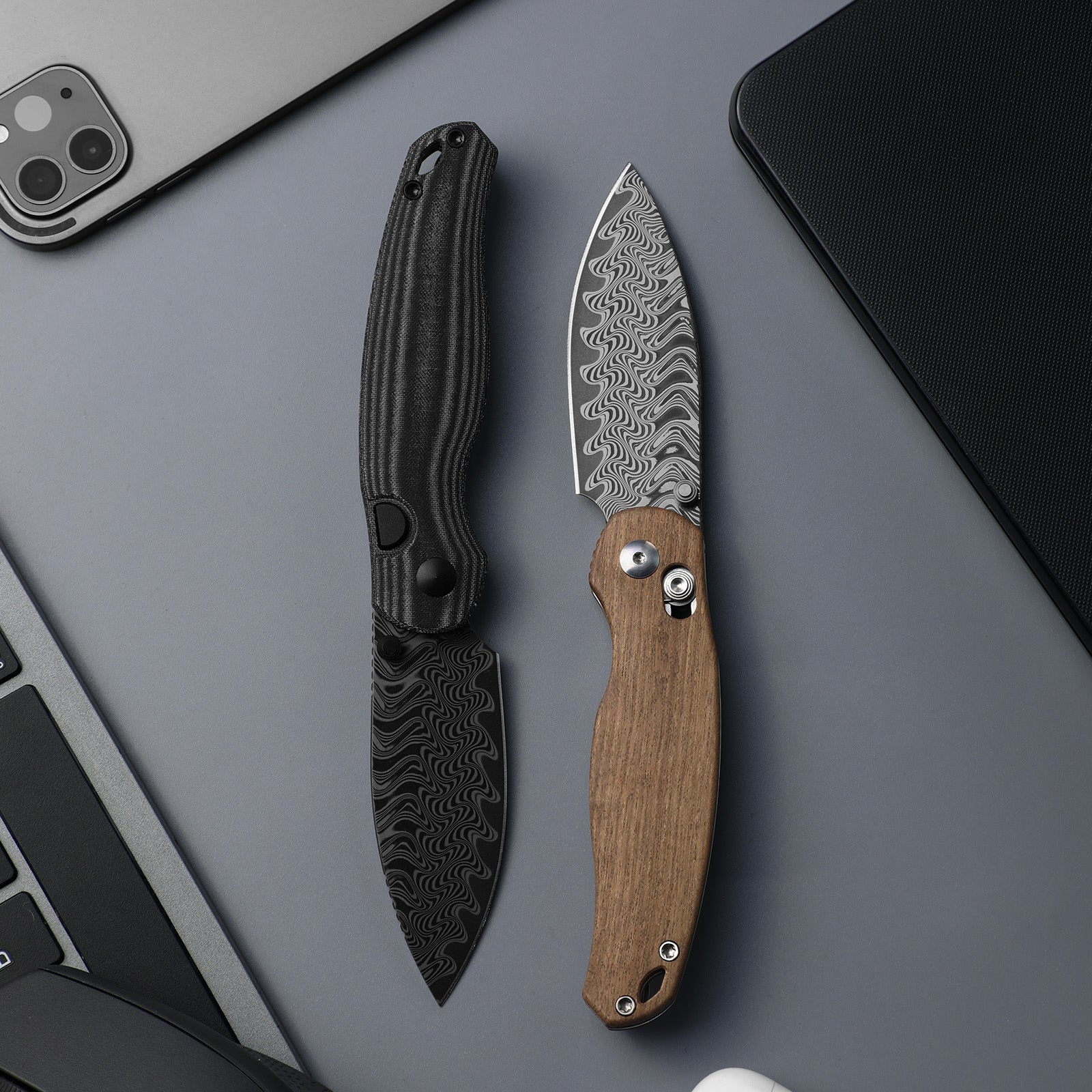 Phoca BD Damascus Norplex UltreX™ Micarta Button Liner Lock - Kizer