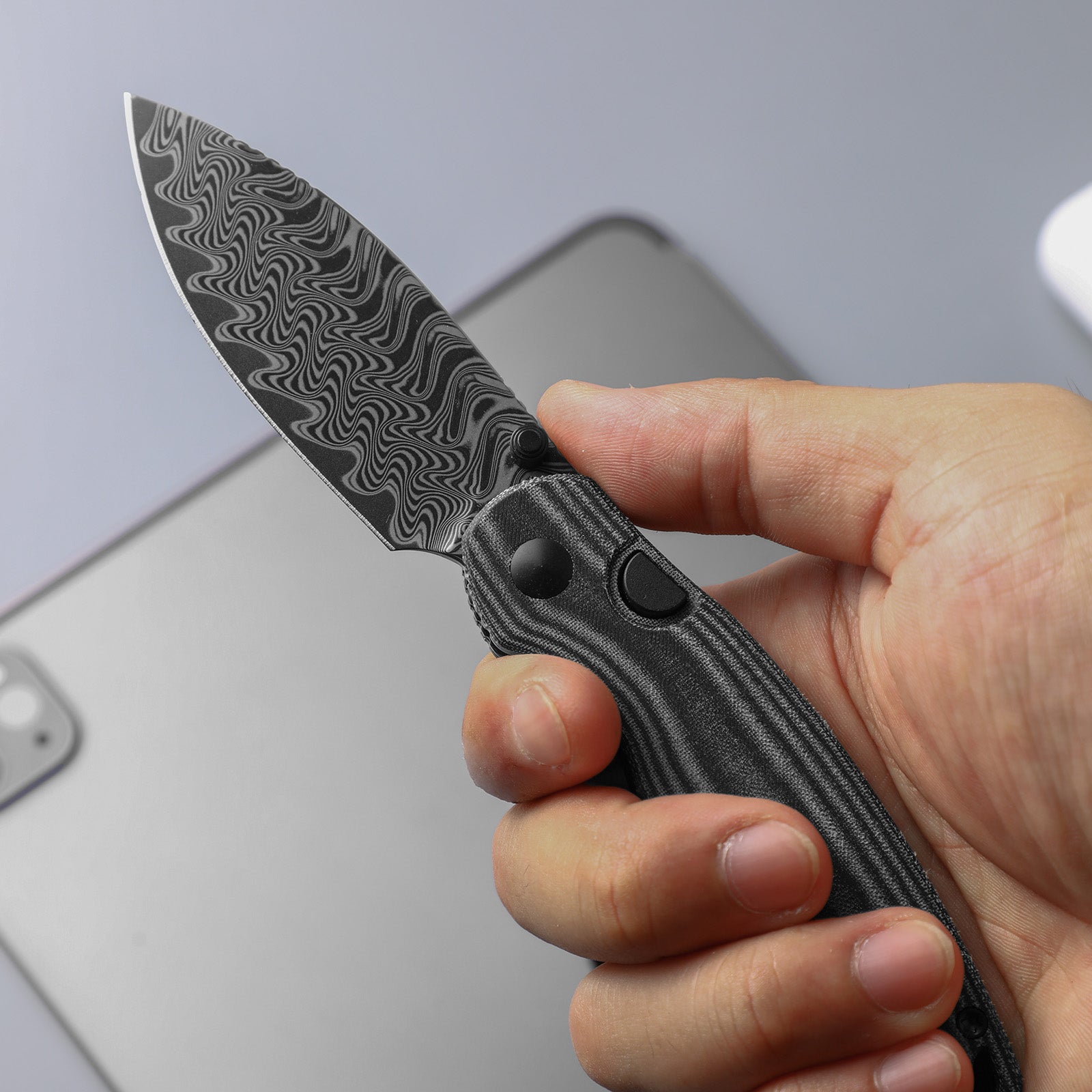 Phoca CD | Kizer Clutch Lock™ | Acid Damascus | Mkuruti Wood | KizerV™ 3781CDA3